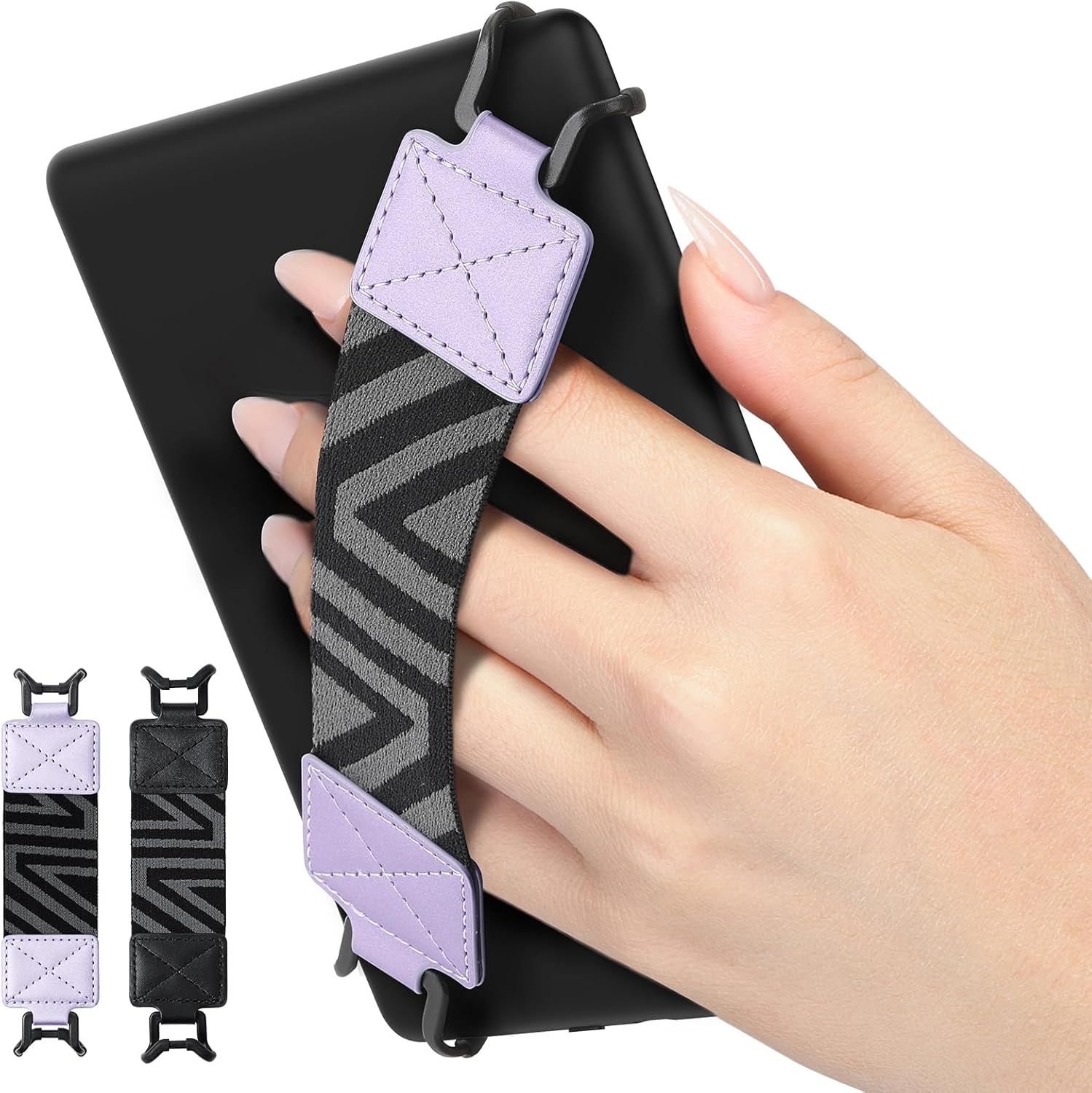 MoKo Kindle Hand Strap for 6-8" eReaders, Fire Tablet & More - Lightweight Versatile Holder 2 Pack, Black + Taro Purple