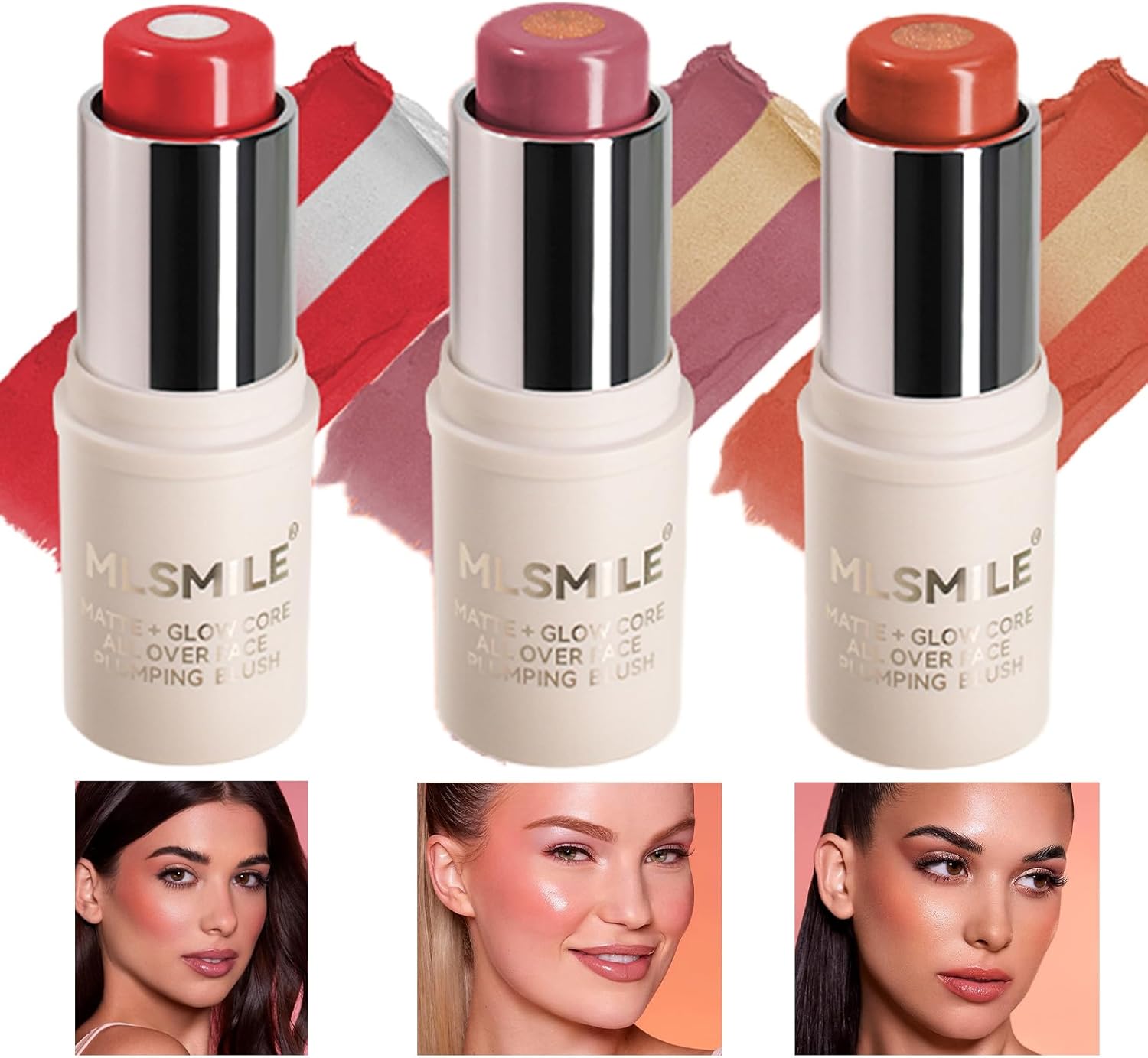 Riroenst 3Pcs Cream Blush Stick, Multi-Use 2-in-1 Buildable Blush Stick for Cheeks, Lips and Eyes, Brighten, Long Lasting Moisturizer Highlights Stick