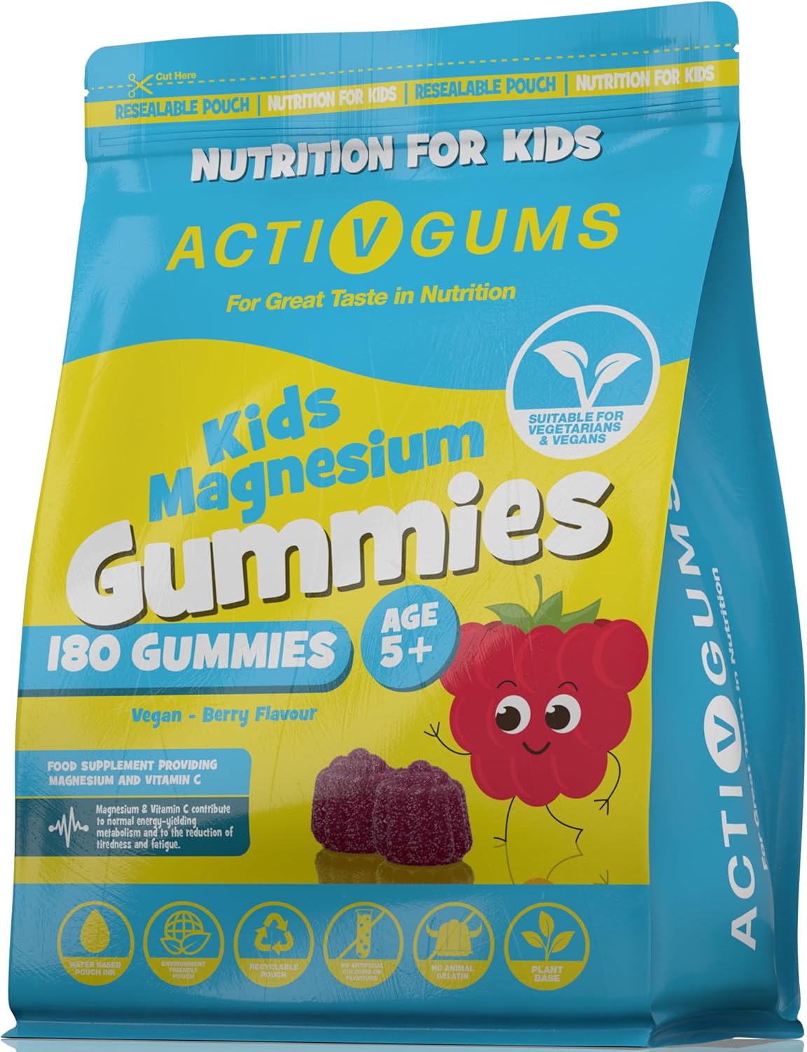 Kids Magnesium 180 Vegan Gummies | Magnesium Citrate 1250mg & Vitamin C 80mg | Support Sleep, Bones, Immune, Energy & Cognition | Resealable & Recyclable Pouch | Suitable for Kids Age 5+ by ActivGums®