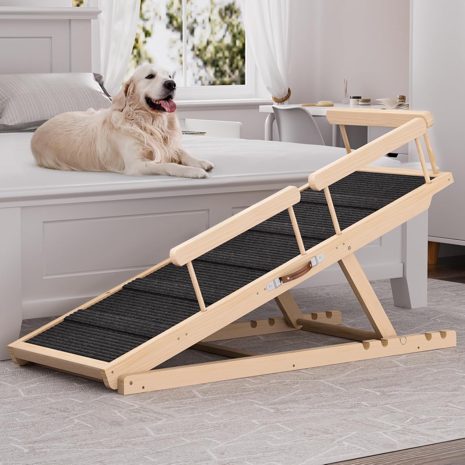 Dog Ramp for High Bed, Couch, Car, Pet Ramps 55.12" Long Adjustable 19.7"-27.6" Wooden Dog Step with High Traction Mat & Safety Side Rails for Small Medium Large Older Pets, up to 250 lbs