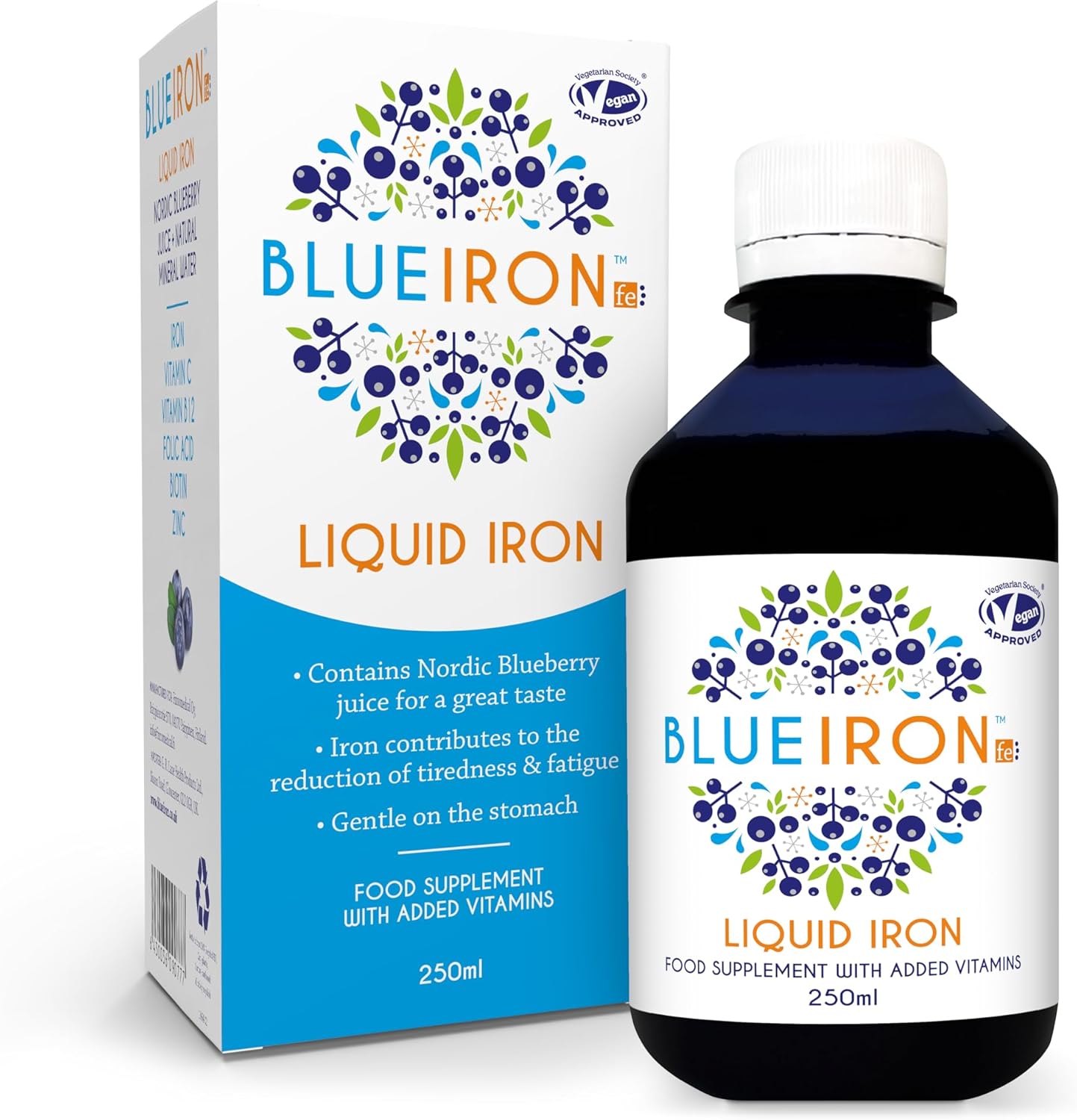 Blueiron Liquid Iron Supplement with Nordic Blueberries + Vitamin C, Vitamin B12, Folic Acid, Biotin and Zinc | 250ml | Suitable for Vegans | Easily Absorbed and Gentle On The Stomach
