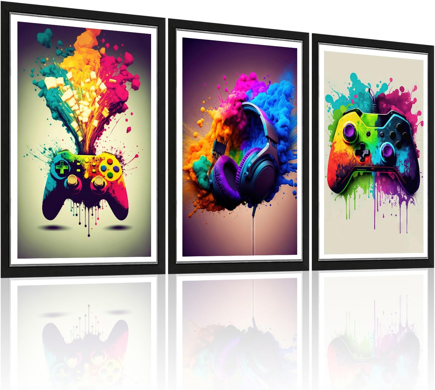 Game Room Decorative Wall Art Color Video Handle Earphone Graffiti Theme Poster Neon Light Poster Print Picture Children Youth Art Machine Boys Bedroom Home 12 x16 inchX 3 Piece Set Unframed