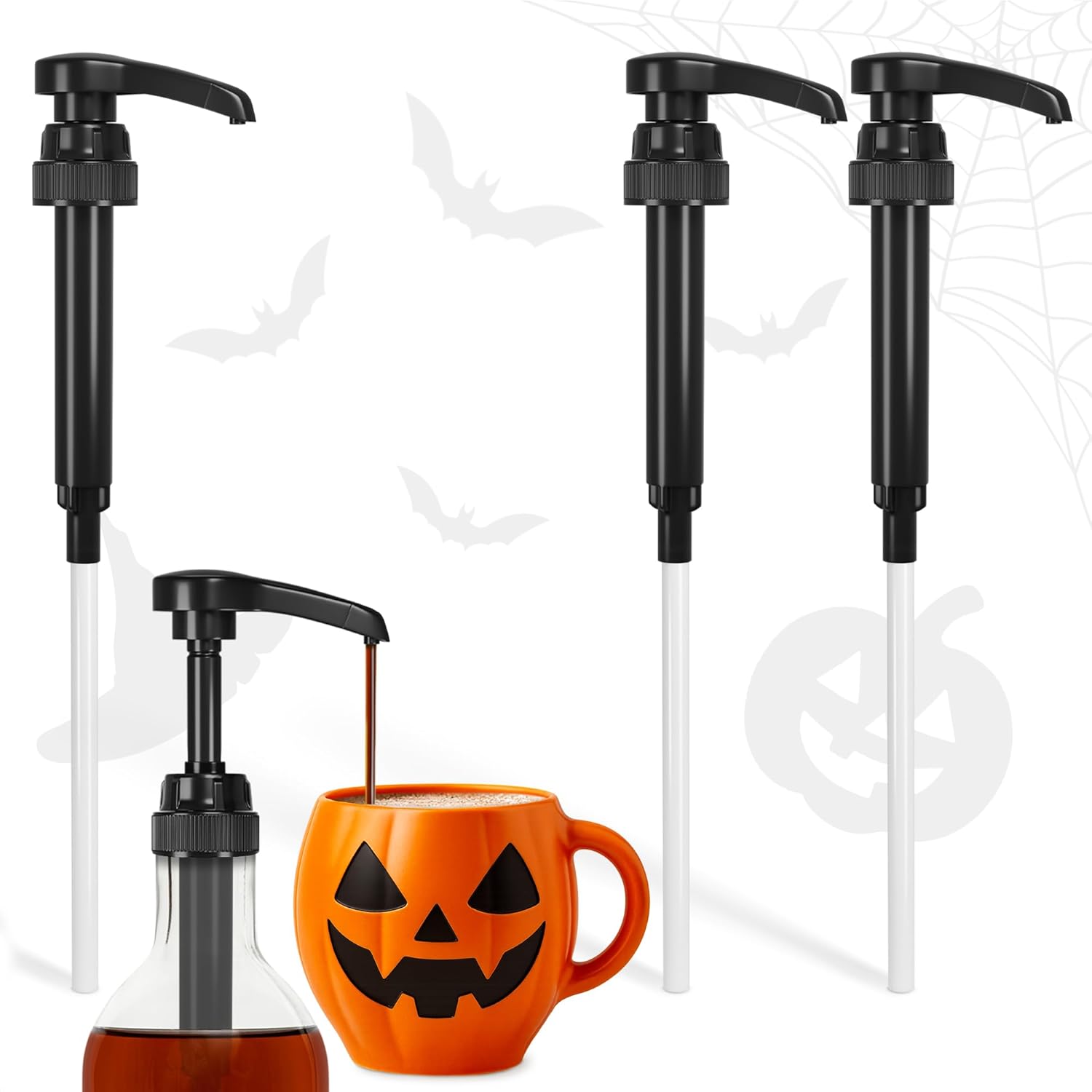 Set of 4 Syrup Pumps for Coffee Bar - Spooky Coffee Syrup Pump Dispenser for Haunted Drink Creations, 12.4" - Fits Most Skinny Bottles, Adjustable Length & Lockable Design, for Home & Commercial Use