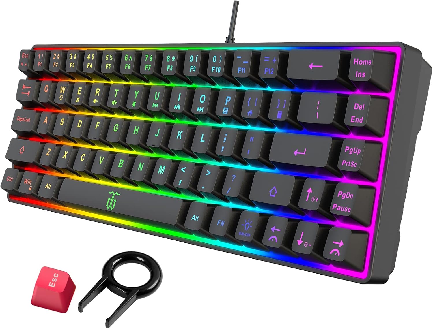 Snpurdiri 60% Gaming Keyboard, Rainbow Backlit Mini Membrane Keyboard for Windows PC Gamers(68 Keys, Black Rainbow)