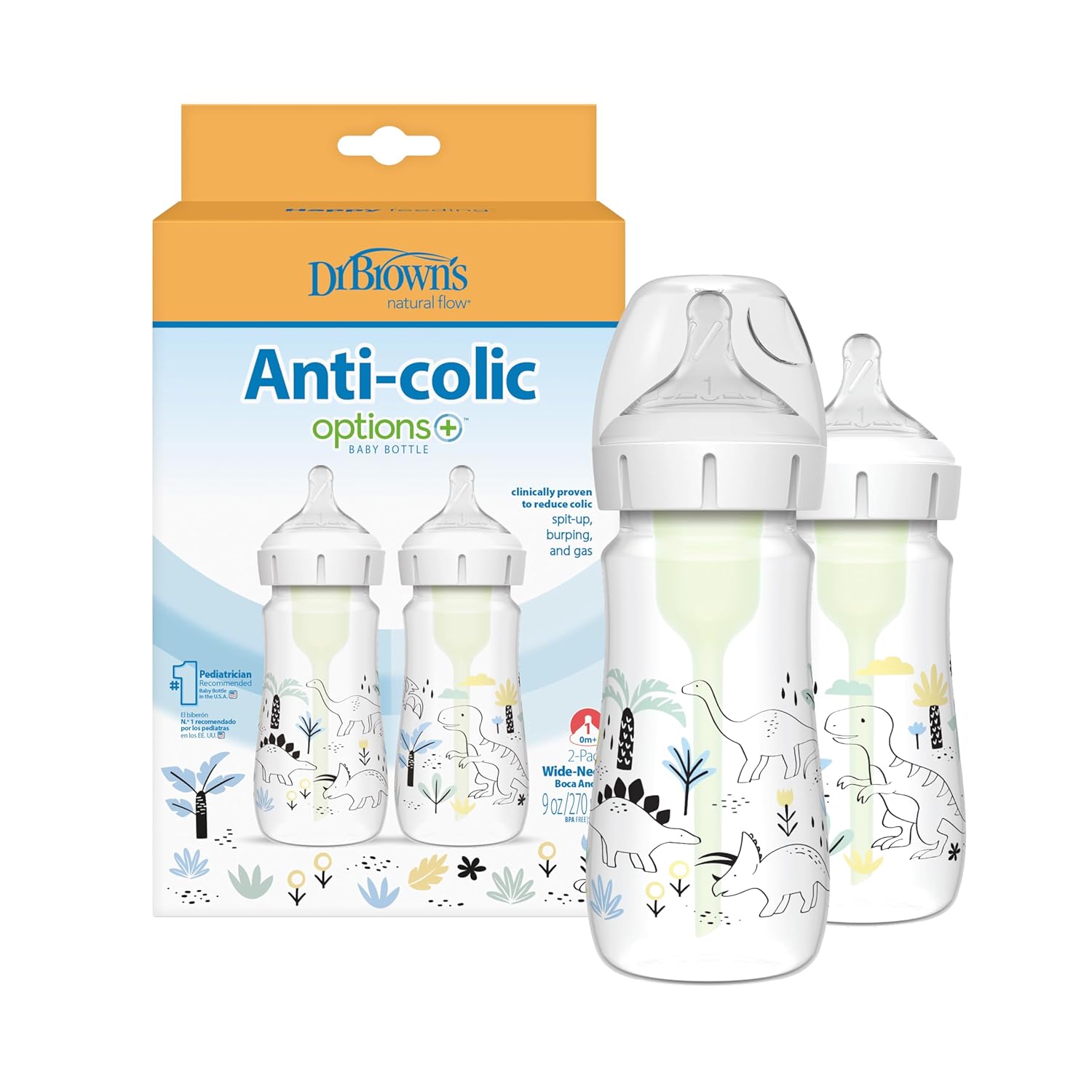 Dr. Brown's Natural Flow® Anti-Colic Options+™ Wide-Neck Baby Bottle Designer Edition Bottles, Dino Decos, 9oz/270mL, Level 1 Nipple, 2-Pack, 0m+