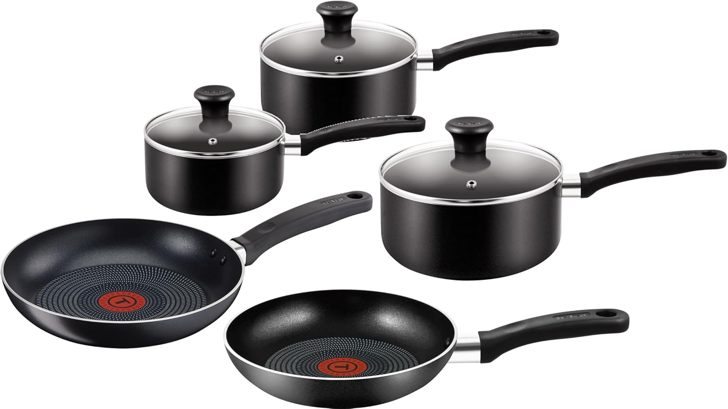 Tefal Essential 5-Piece Non-Stick Cookware Set: 3 Saucepans (16/18/20CM) with Lids, 2 Frying Pans (20/24CM), Compatible with All Hobs Except Induction Black - B472S545