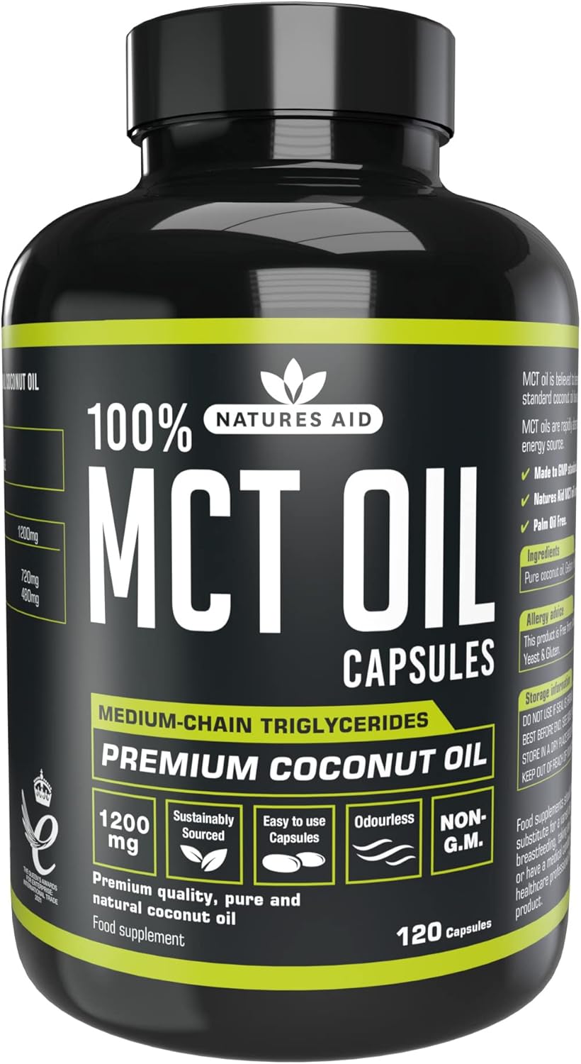 Natures Aid MCT Oil Capsules 1200mg 120 Capsules - Premium 100% Coconut Oil - Supports Energy Boost Metabolism Keto Weight Management - Vegan, Gluten-Free Essential Fatty Acids