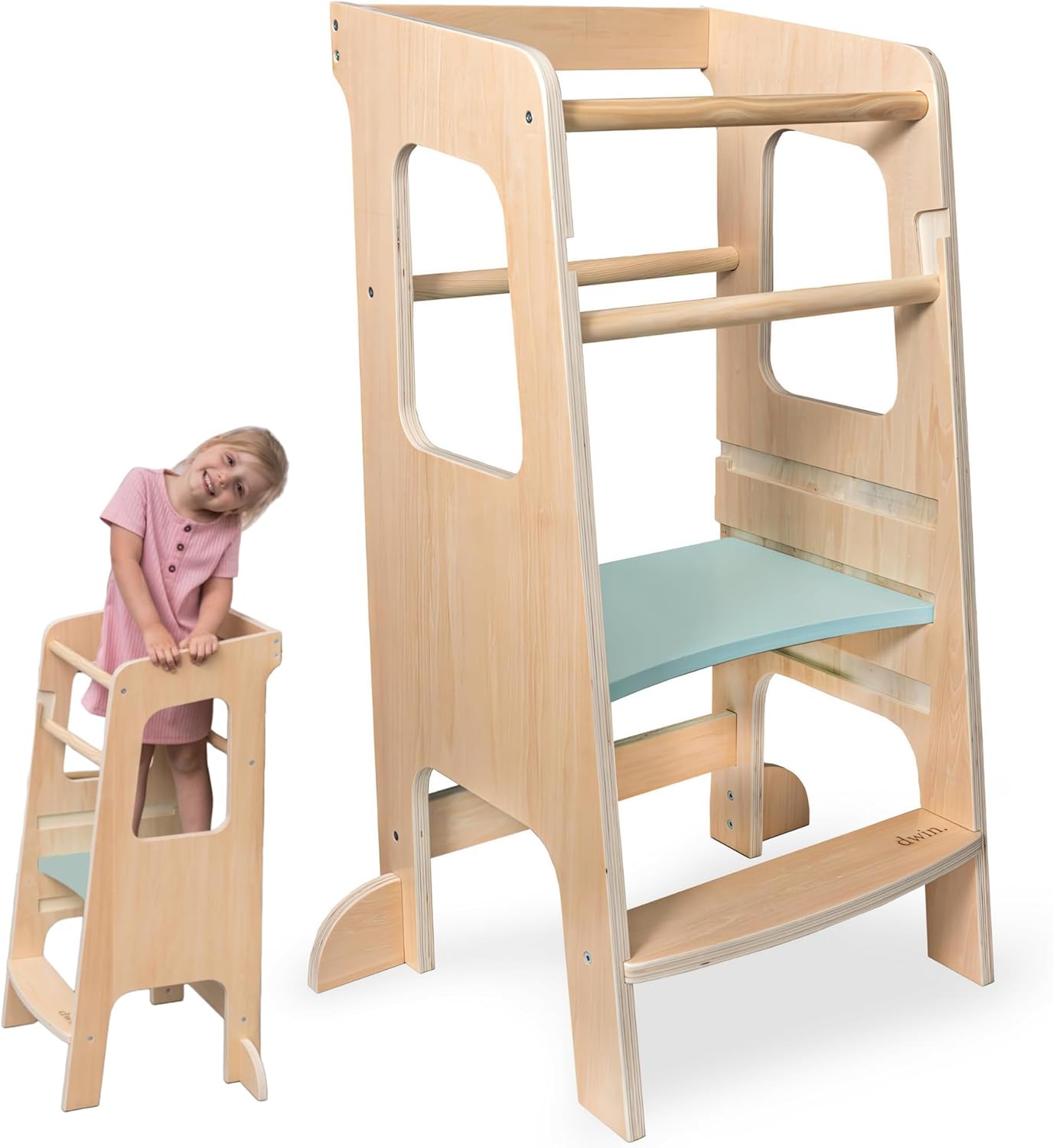 Dwin Learning Tower, Adjustable Height Kids Step Stool for Toddlers - Natural Wood Montessori Kitchen Helper with Anti-Tip Design, Non-Slip Feet & Secure Safety Bars