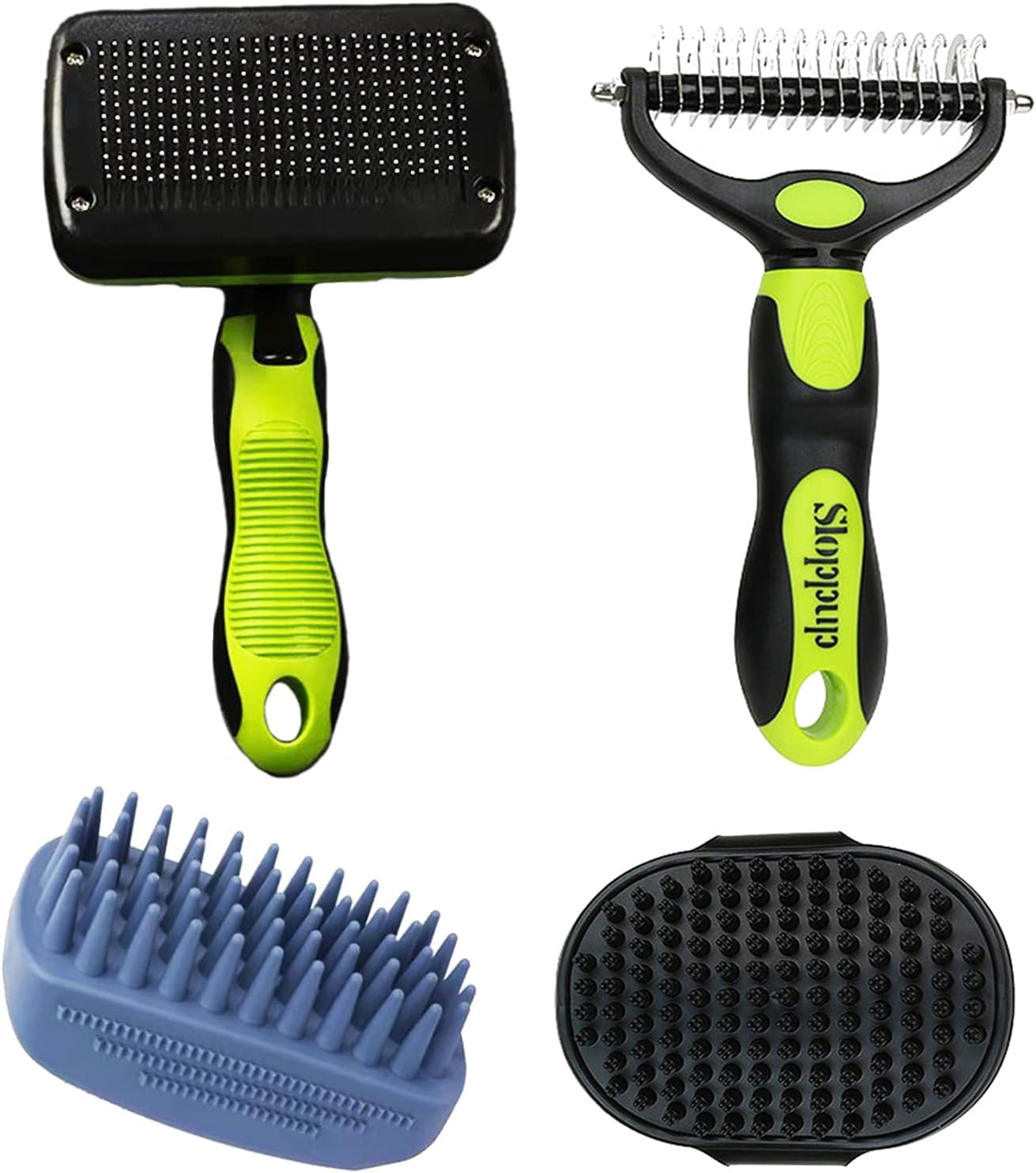 4 PCS Pet Hair Grooming Kit - Slicker Brush, Dematting Comb, Bath Brushes for Long & Short Hair Dogs and Cats (Green Black)