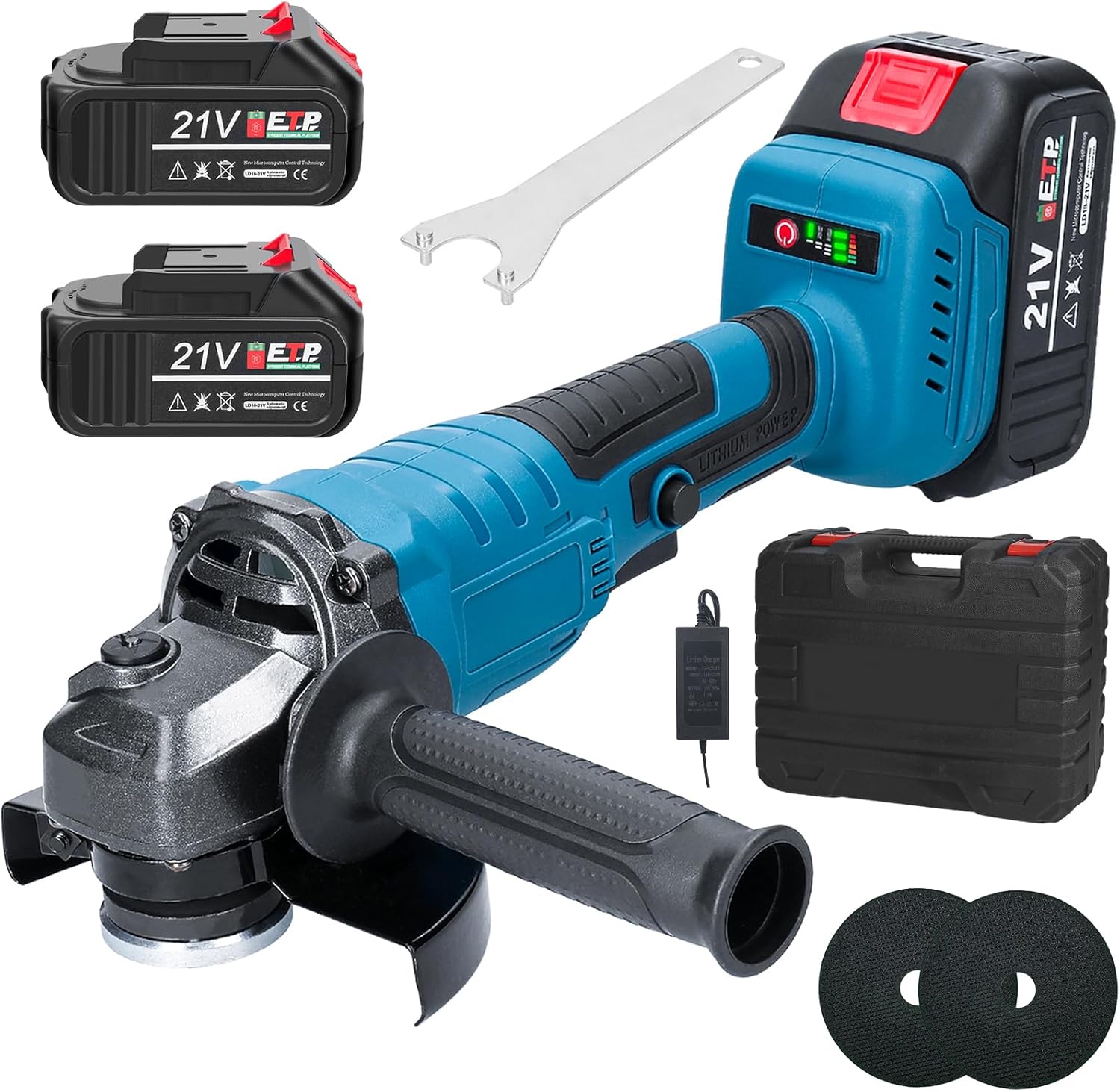 Cordless Angle Grinder, Brushless Battery Angle Grinder 125mm M14 Professional Electric Power Tools 2 Batteries with 2-Position Auxiliary Handle for Cutting, Grinding, with 2 Grinding Discs