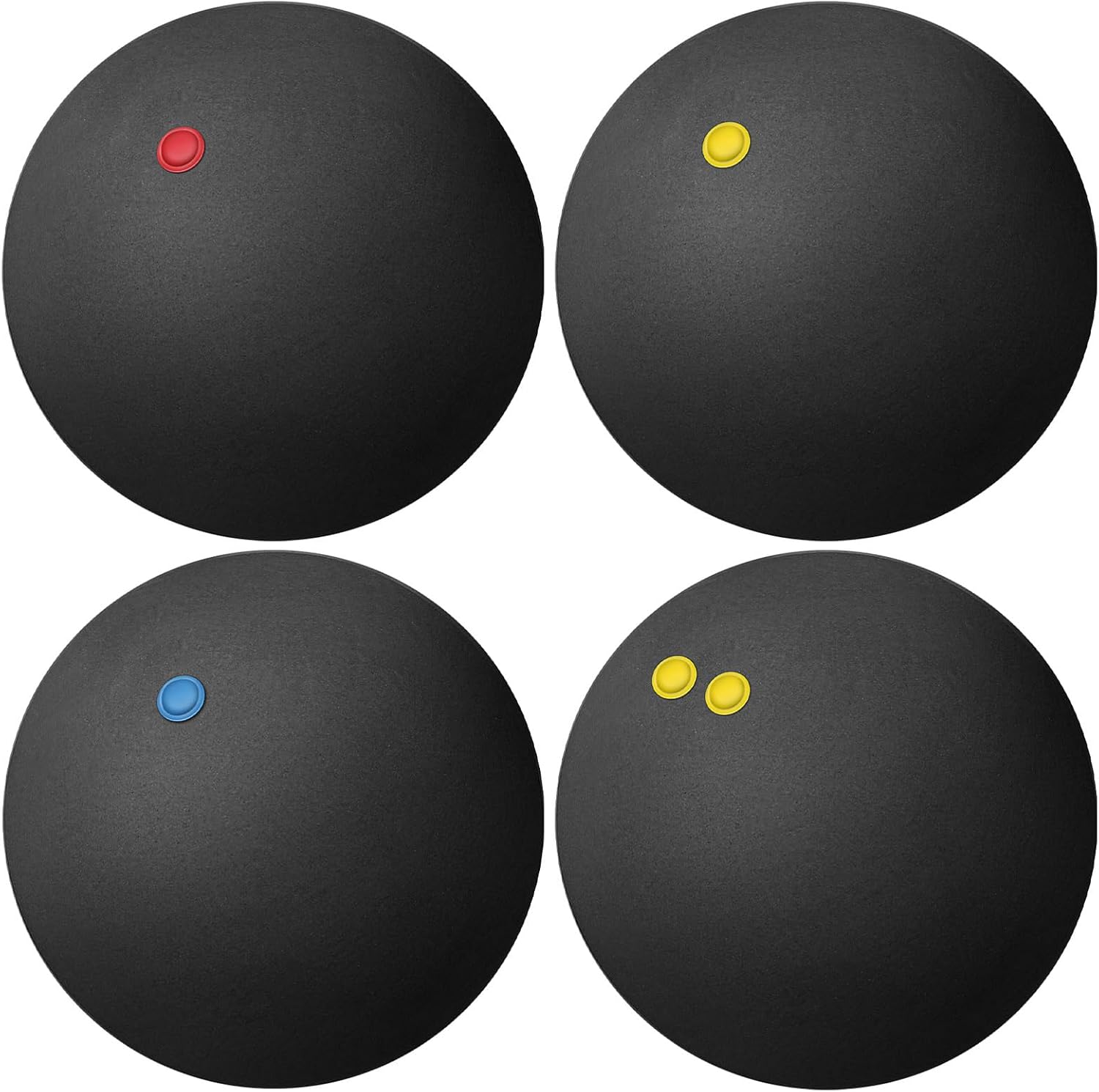 4 Pcs Squash Balls, Double Yellow Dots, Single Yellow Dots, Single Red Dots, Single Blue, Sports Squash Ball High Bounce Squash Ball for Beginners and Training