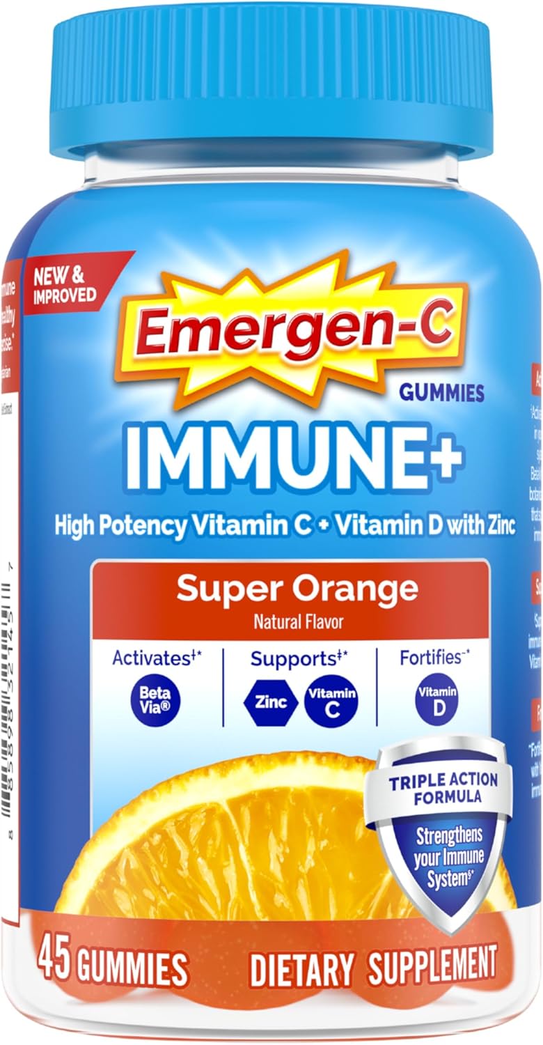 Emergen-C Immune+ Immune Gummies, Vitamin D plus 750 mg Vitamin C, Immune Support Dietary Supplement, Caffeine Free, Gluten Free, Super Orange Flavor - 45 Count