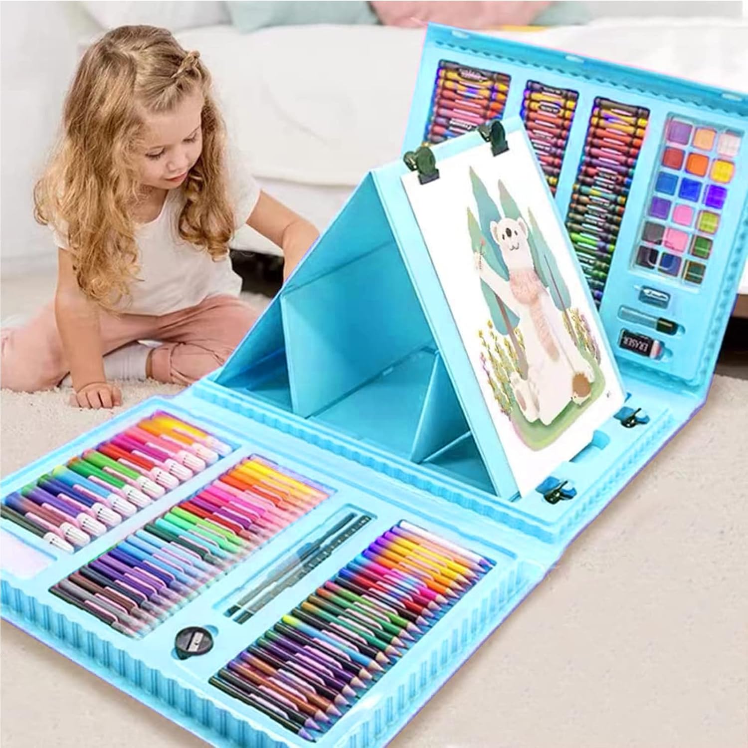 XDISHYN 208 PCS Art Supplies, Brand Drawing Kit for Kids Adults Art Set with Double Sided Trifold Easel, Oil Pastels, Crayons (Blue)