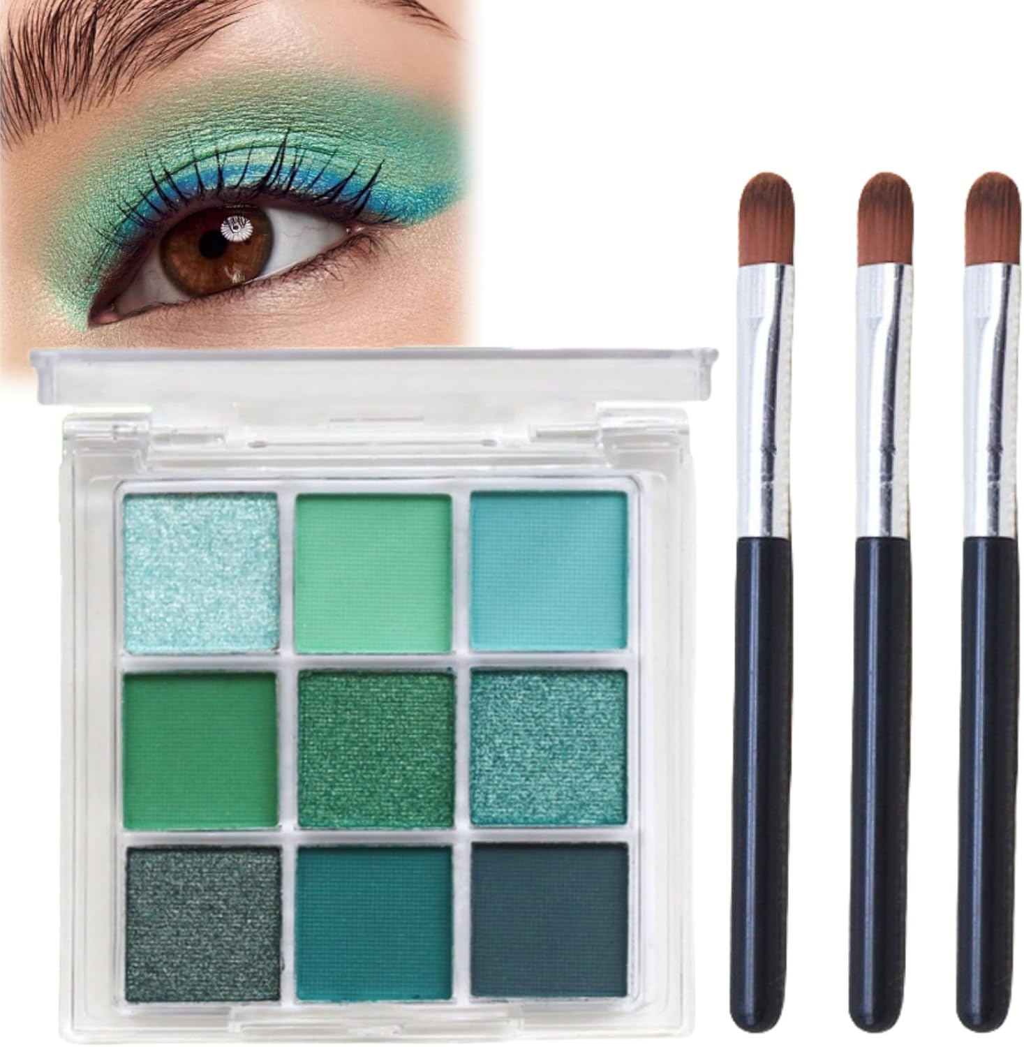 Shimmer & Glitter Eye Shadow Palette - Highly Pigmented Green Eyeshadows, 3 Brushes Included