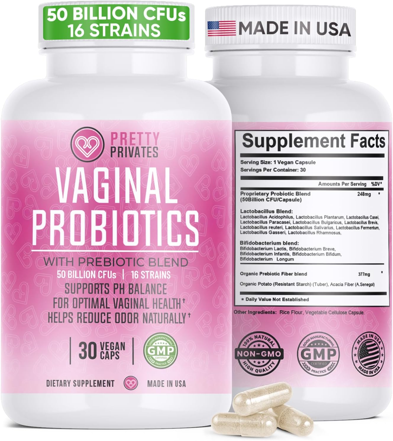 Pretty Privates Female Vaginal Probiotics for Women pH Balance with Prebiotics & Lactobacillus Blend – Womens Probiotic for Vaginal Health & BV - pH Vitamins - Healthy Viginal Odor & Flora