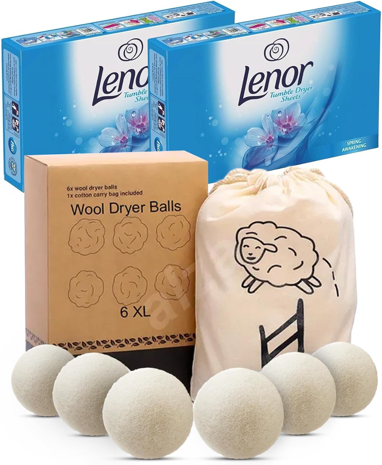 Lenor Tumble Dryer Sheets (2 Pack) + Wool Dryer Balls for Laundry UK | Scented Tumble Dryer Sheets & Eco-Friendly Fabric Softener Bundle | Tumble Dryer Scent Booster & Cleaner