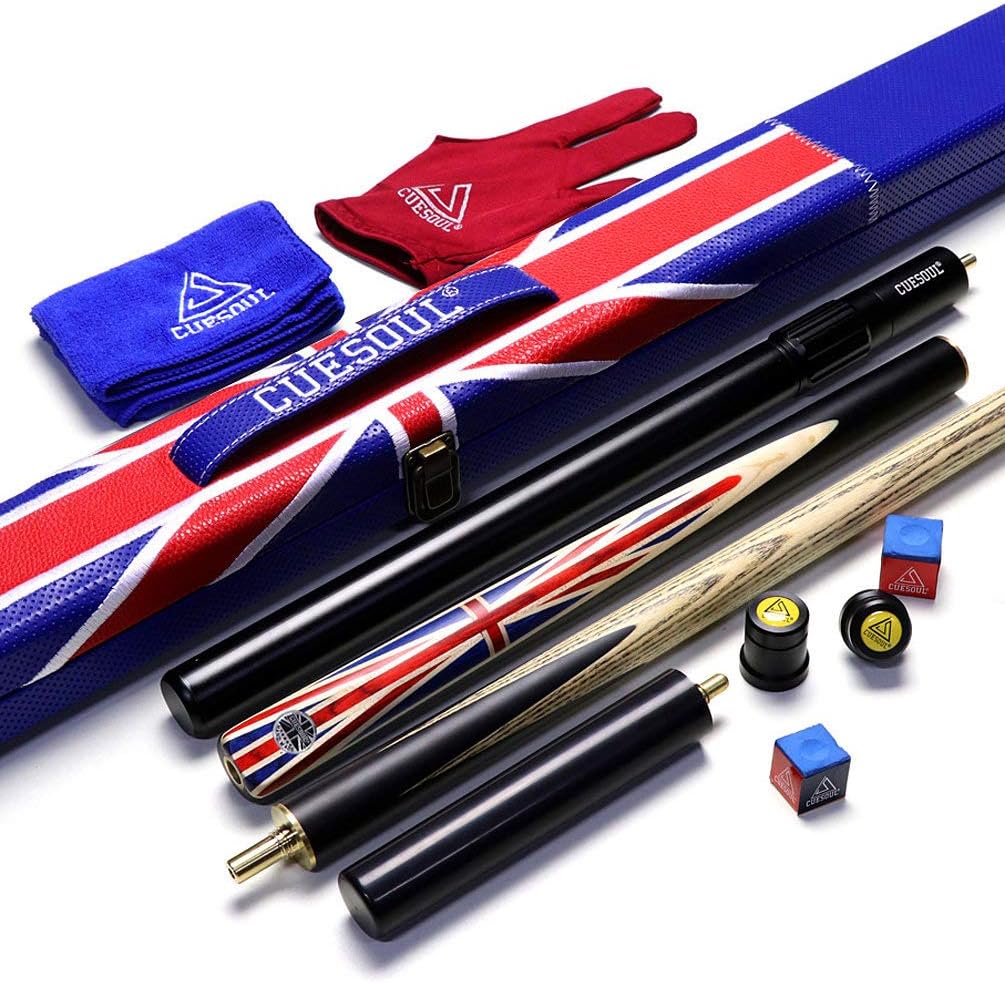 CUESOUL 57" Handcraft 3/4 Jointed Ebony Snooker Cue, Union Jack Flag Design