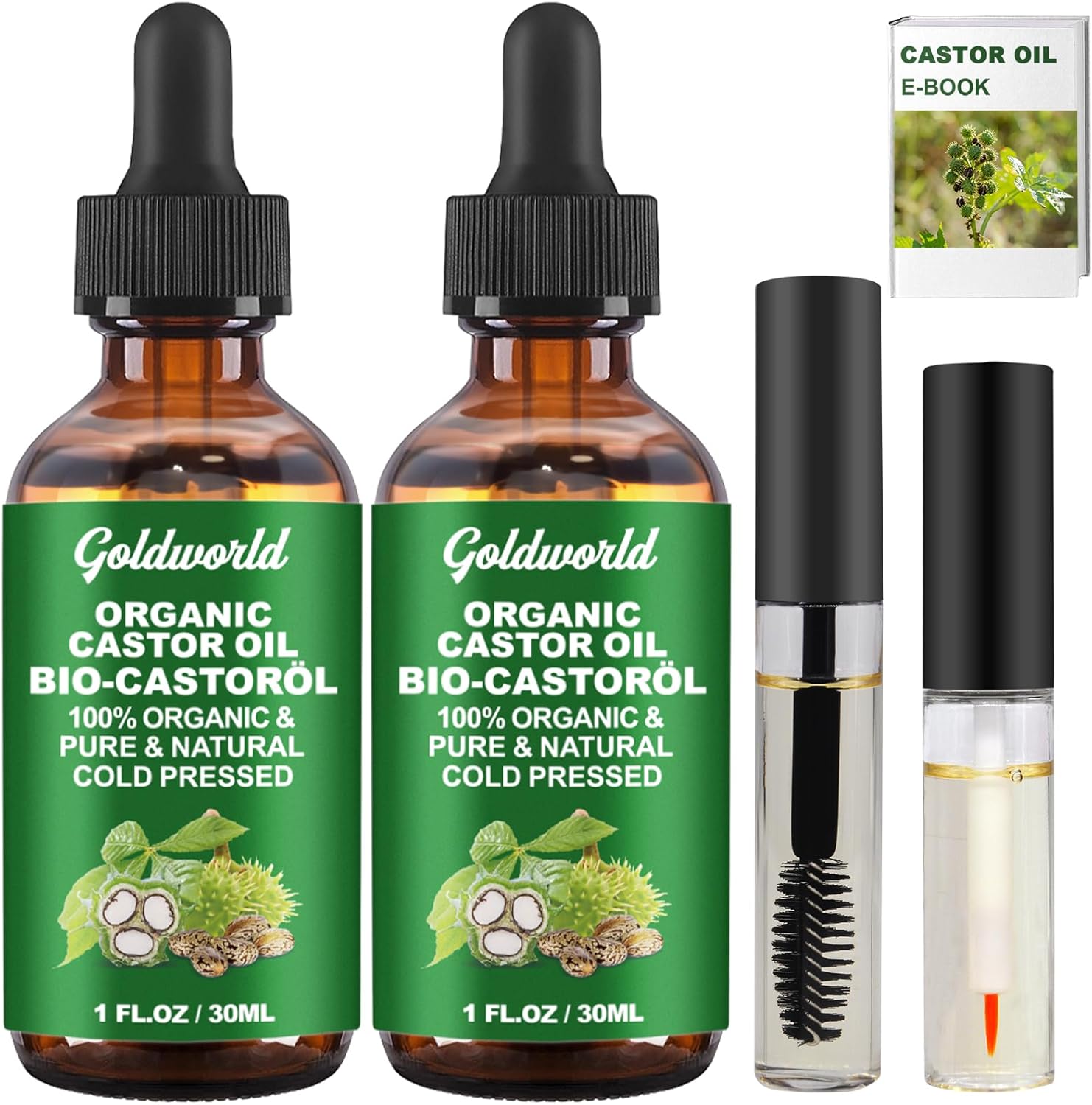 Castor Oil,2 Packs w/Free Lash&Brow Brushes&E-Book,100% Pure Hair Oil for Eyebrow Lash Eyelash Beard Growth Serum Dry Hair Skin Care Essential Oils,Gifts for Women Men Mum Wife Her