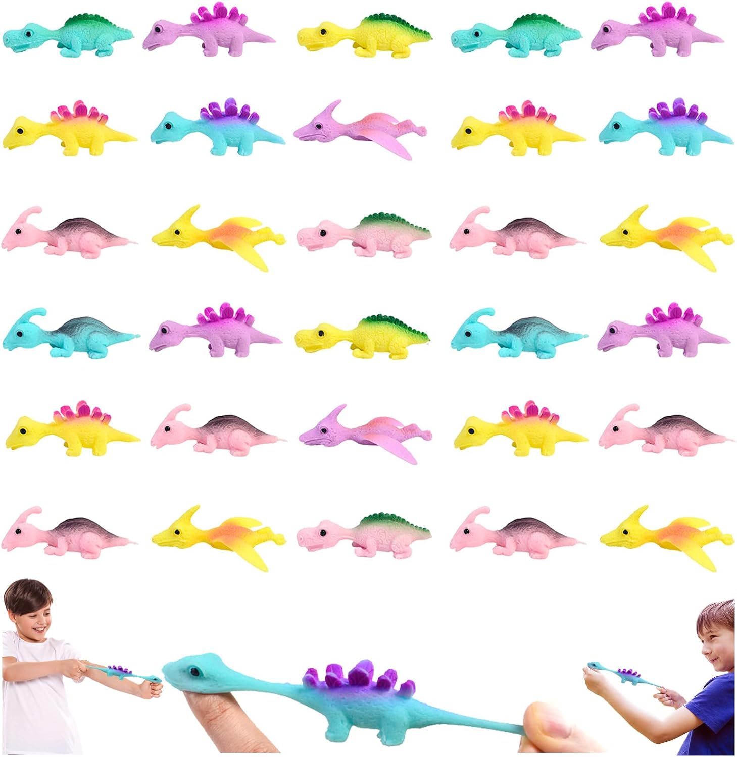 DONGTATA 30 PCS Dinosaur Finger Slingshot Toys - Stretchy Finger Flying Dinosaur Toy - Christmas Eve Box Stocking Fillers - Random Color (SD-30)