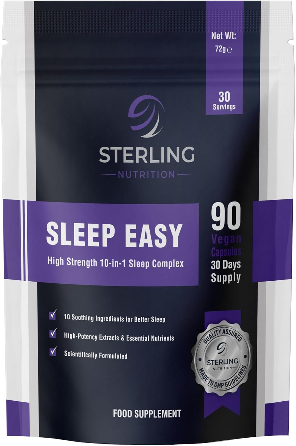 Sleep Easy - High Strength 10-in-1 Sleeping Complex for Adults, Pack of 90 Vegan Capsules | L-Tryptophan & Magnesium Glycinate Night Supplements | Natural Aid & Non-Habit Forming | STERLING NUTRITION