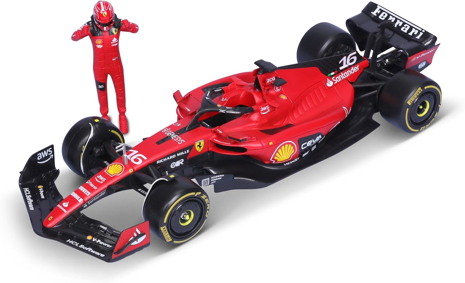 Bburago 1:24 2023 Ferrari SF-23 Die-Cast Car w/ Figure, Leclerc #16, Red