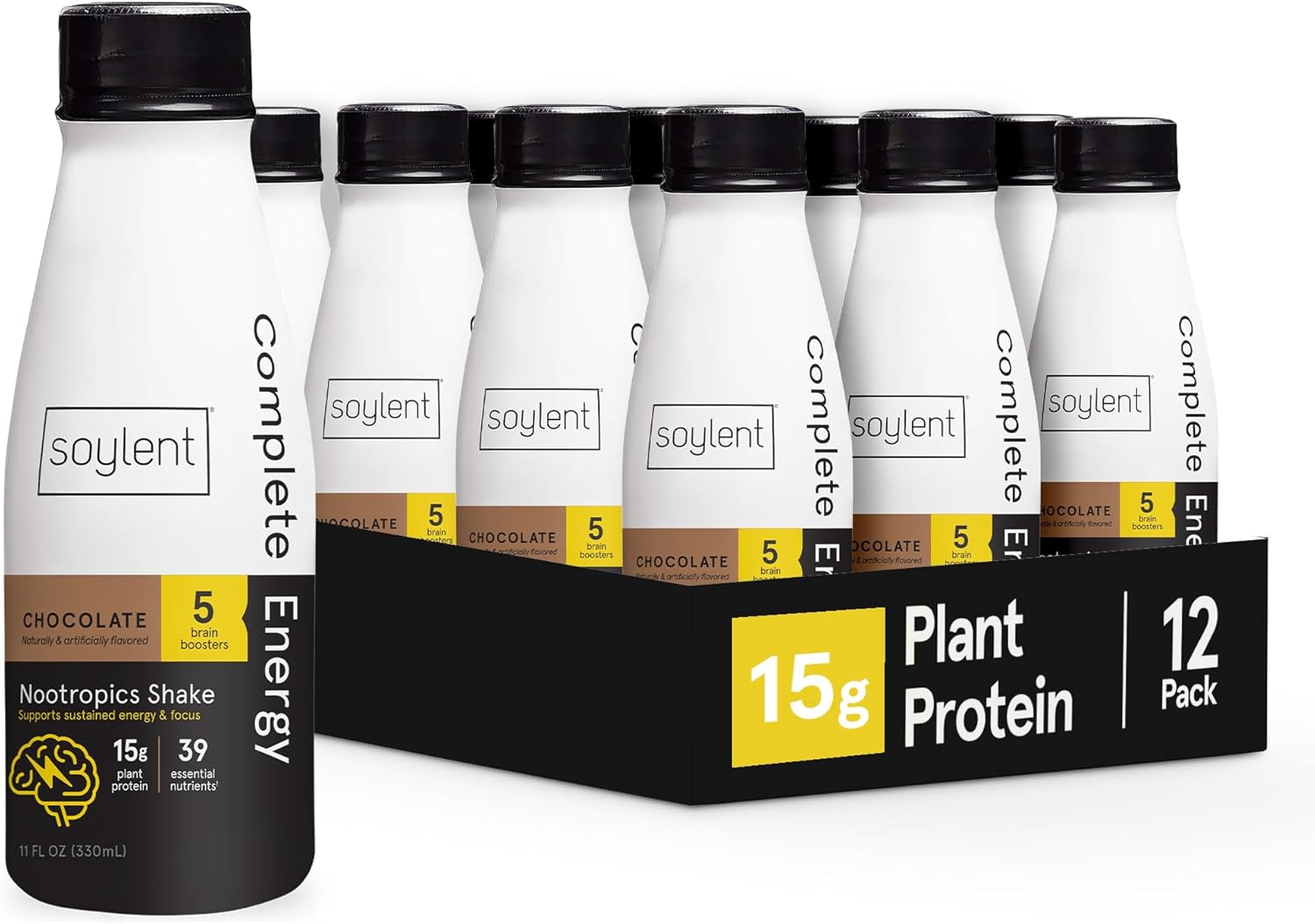 Soylent Complete Energy, 15g complete protein, 15 brain boosting nutrients, 100mg caffiene + l-theanine, 15% vitamins and minerals, 11 Oz (12 Pack)