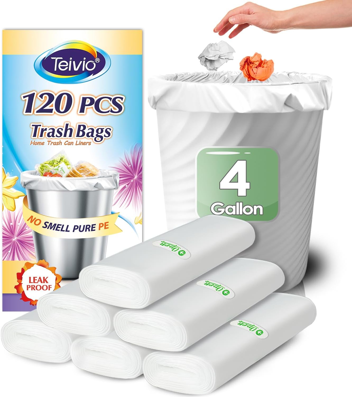 Teivio 4 Gallon 120 Counts Strong Trash Bags Garbage Bags, Bathroom Trash Can Bin Liners, Small Plastic Bags for home office kitchen, fit 12-15 Liter, 3,3.5,4.5 Gal, Clear