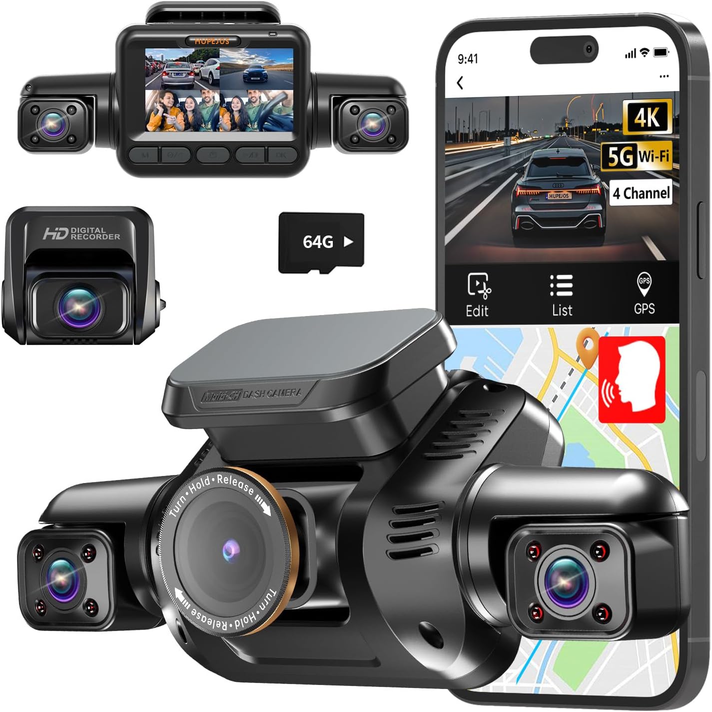 HUPEJOS 360° 4K Dash Cam, 4 Channel Camera 3K Front +1080P*3 Left Right Rear, 5GHz WiFi GPS Dash Camera for Car, Voice Control, Front 4K+1080P*2, 64GB Card, Night Vision, 24Hrs Parking Mode (V8Plus)