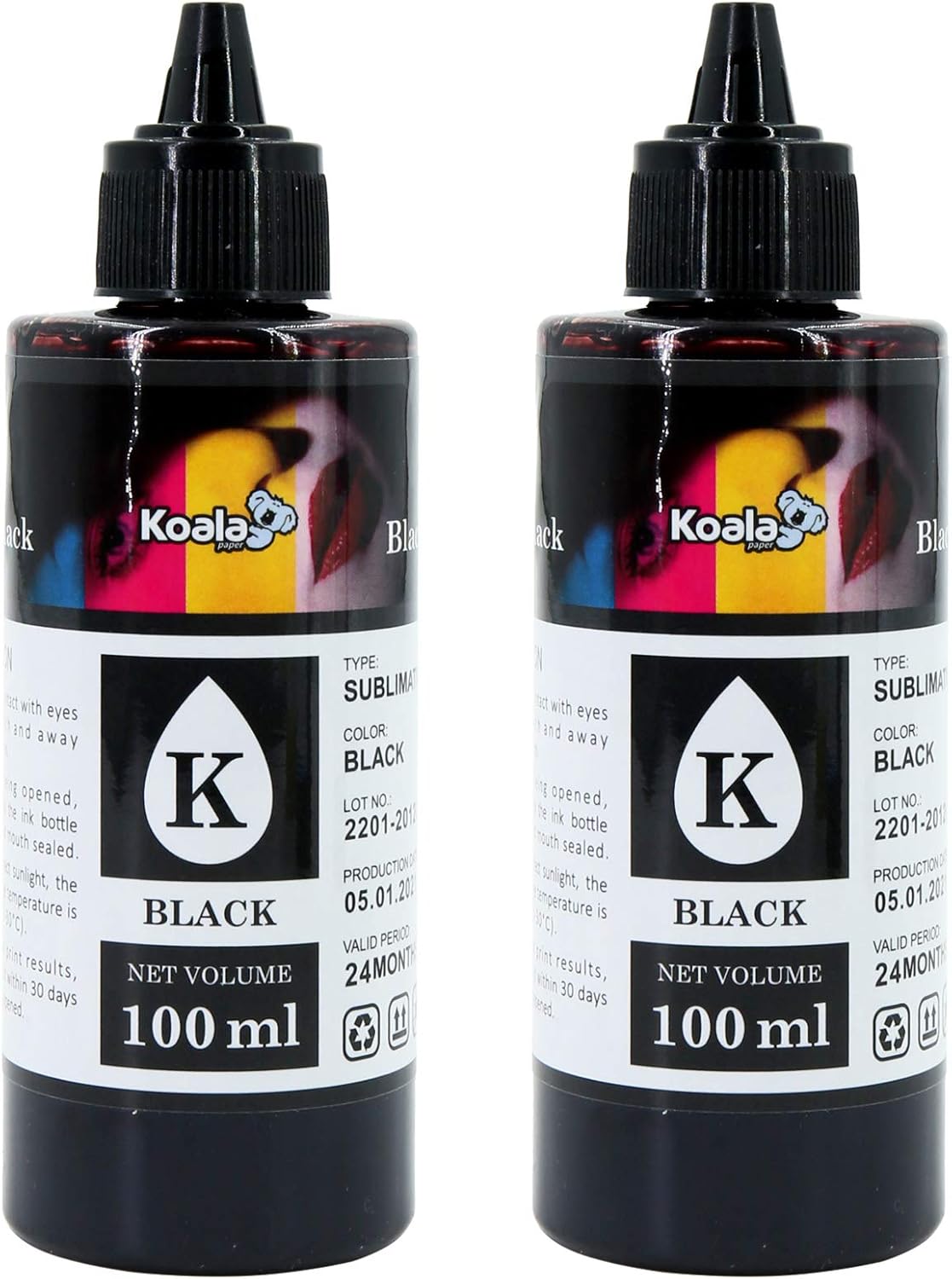 Koala Black Sublimation Ink Refill Bottles 200ML Compatible with ET-2800 ET-2803 ET-2850 ET-2400 ET-2720 ET-2750 ET-2760 ET-15000 WF7710 Inkjet Printers for Heat Transfer on Mugs, T-Shirts