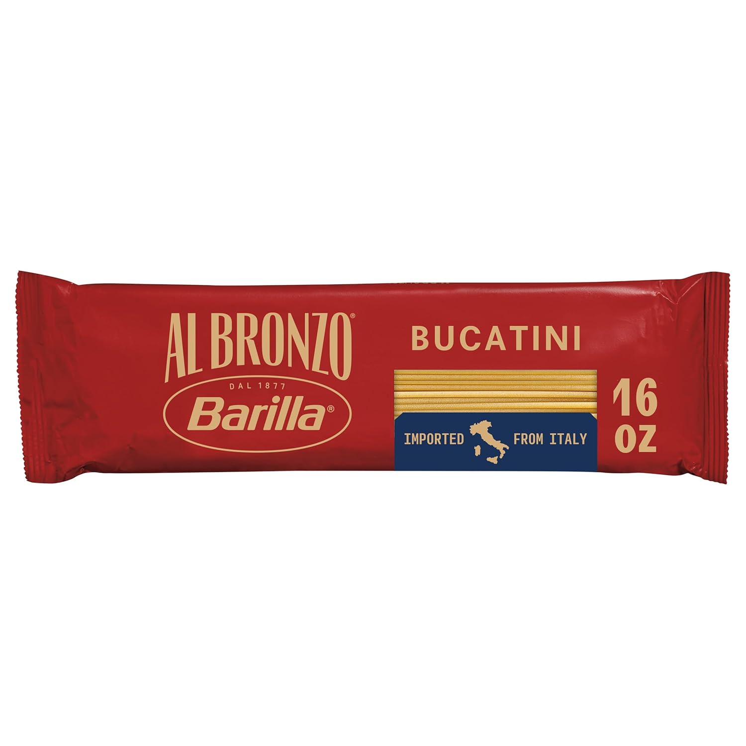 Barilla Al Bronzo Bucatini Pasta (1 lb), Bronze Cut Pasta Created from High Quality Durum Wheat, Imported from Italy, Non-GMO, Kosher