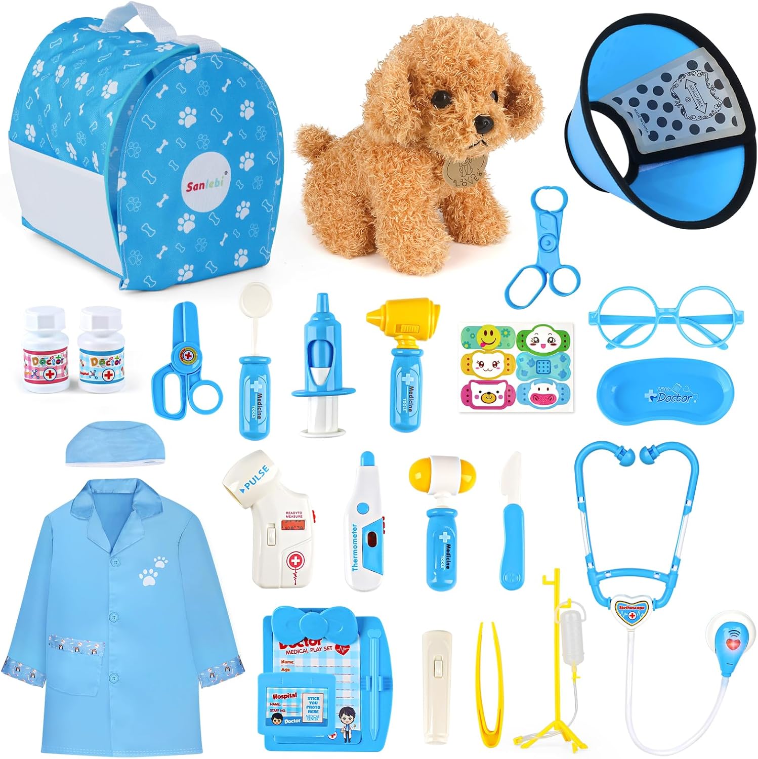 Sanlebi Doctors Set for Kids - Children Pet Vet Care Play Set with Doctor Costume, Plush Dog, Pretend Role Play Medical Kit Toys Gifts for 3 4 5 6 Year Old Girls (Blue)