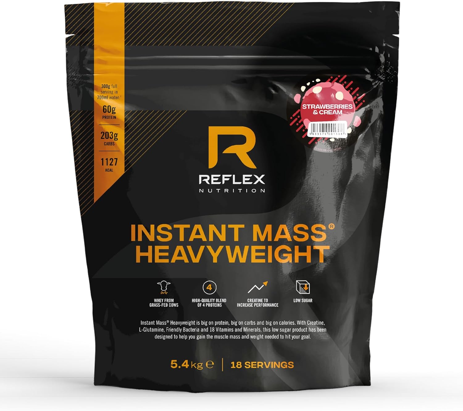 Reflex Nutrition Instant Mass Heavyweight - Mass Gainer - Over 1000 Kcal per Serving, 60g Protein, Creatine - High Calorie Post Workout or Before Bed Protein Shake (Strawberries & Cream, 5.4 kg)
