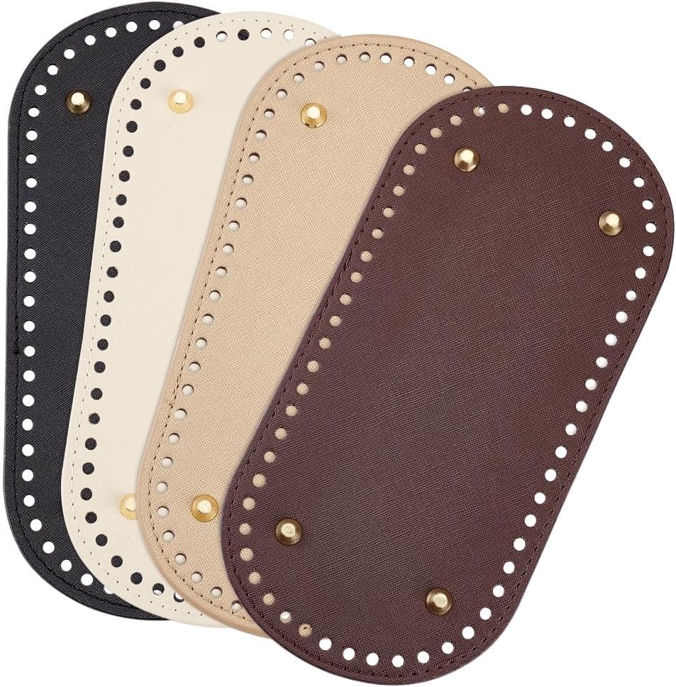 PH PandaHall 4pcs Bag Bottom Base Pads, 4 Colors Oval Crochet Bag Bottom PU Leather Bottom Shaper Pad with Hole Knitting Crochet Base Purse Bottom for DIY Crochet Handbag Making, 10x4.7inch