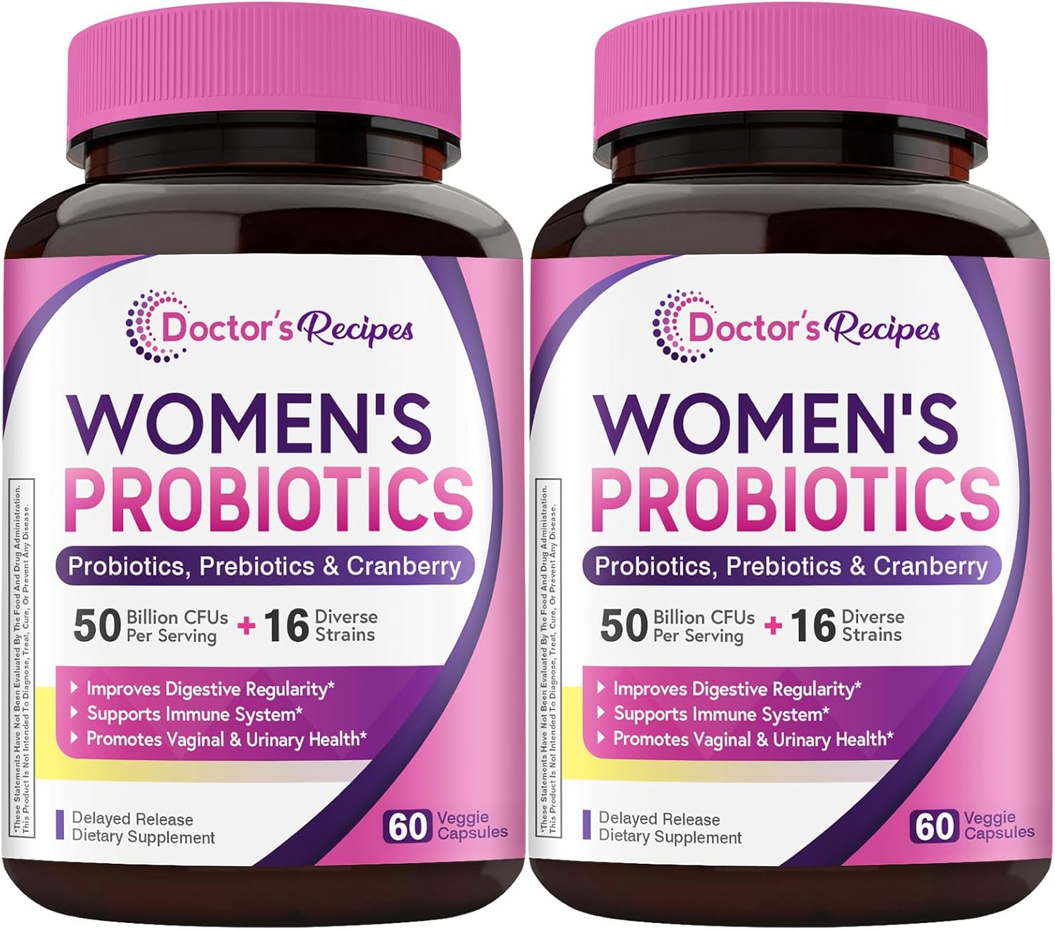 Doctor's Recipes Women's Probiotics, 50 Billion CFU 16 Strains, with Organic Prebiotics Cranberry, Shelf Stable, Delayed Release, 120 Capsules (Pack of 2), 60 Day Supply