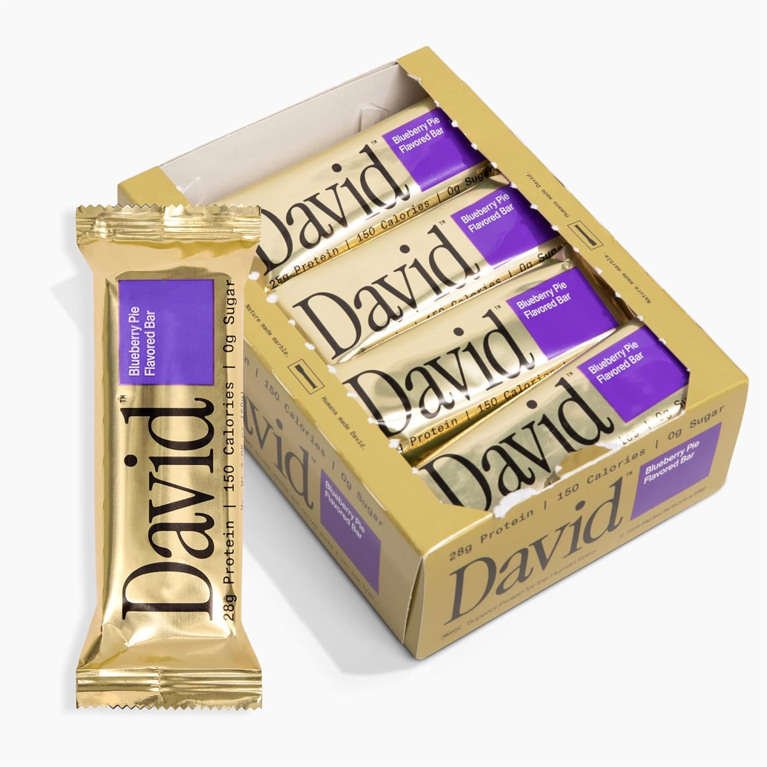 David High Protein Bars No Sugar - Sugar Free Protein Bars, Low Carb, Gluten Free - 28g of Protein, 150 Calories - David Bar On-The-Go Snack - Blueberry Pie Flavor, Pack of 12