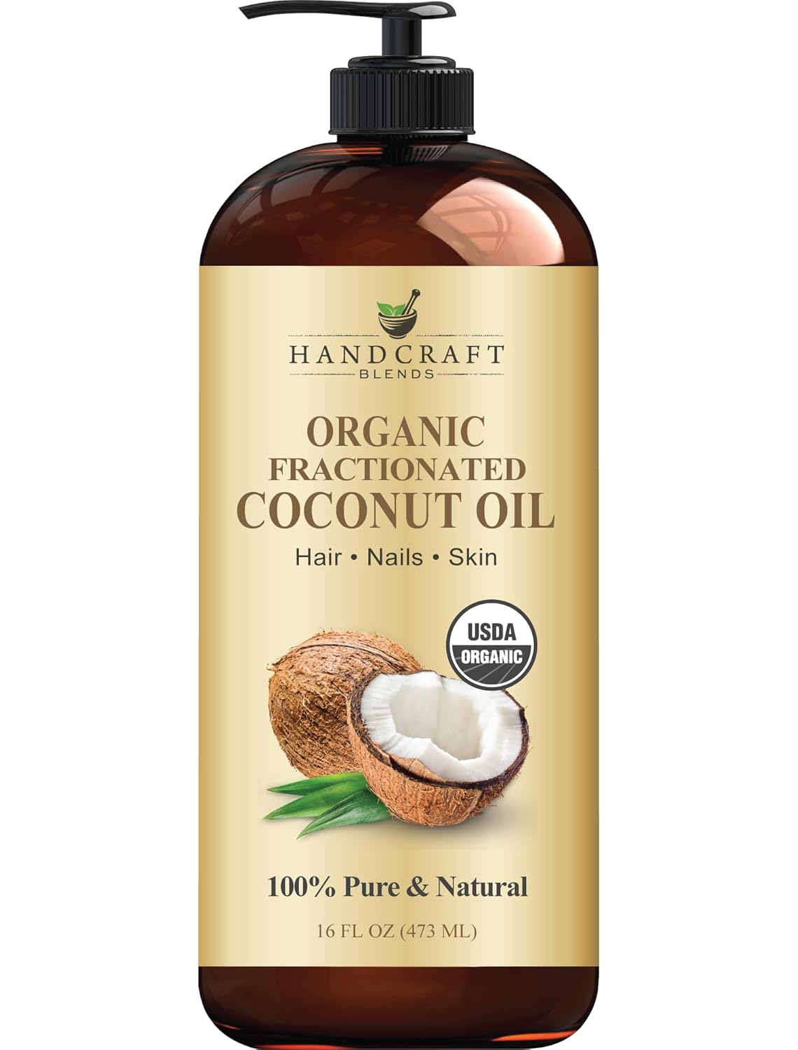 Handcraft Blends Organic Fractionated Coconut Oil - 16 Fl Oz - 100% Pure and Natural - Premium Grade Carrier Oil for Skin and Hair - Hair and Body - Massage