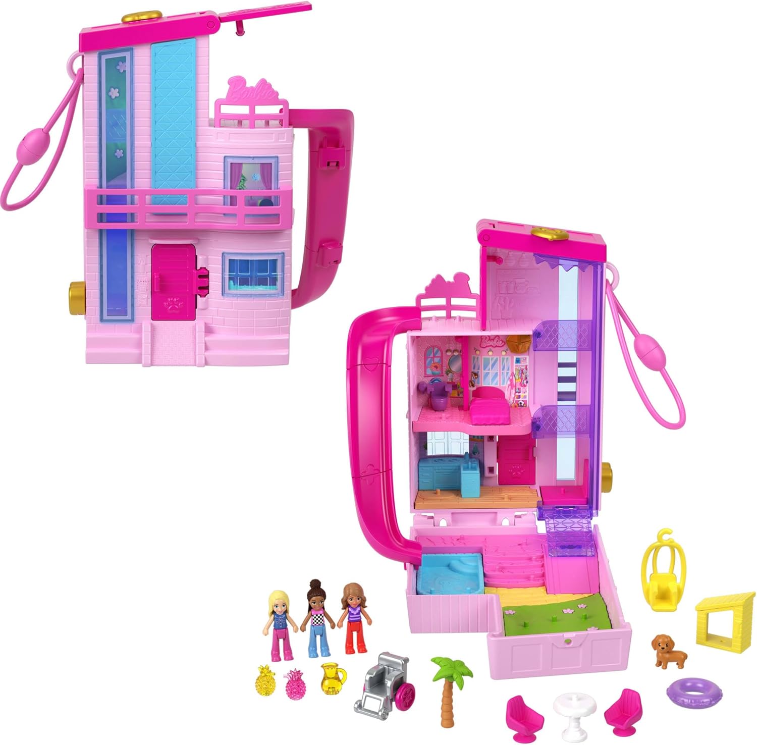 Polly Pocket Barbie Dreamhouse Compact, Dollhouse Playset with 3 Micro Dolls, 1 Puppy, 11 Accessories, Elevator & Pool, HWP11