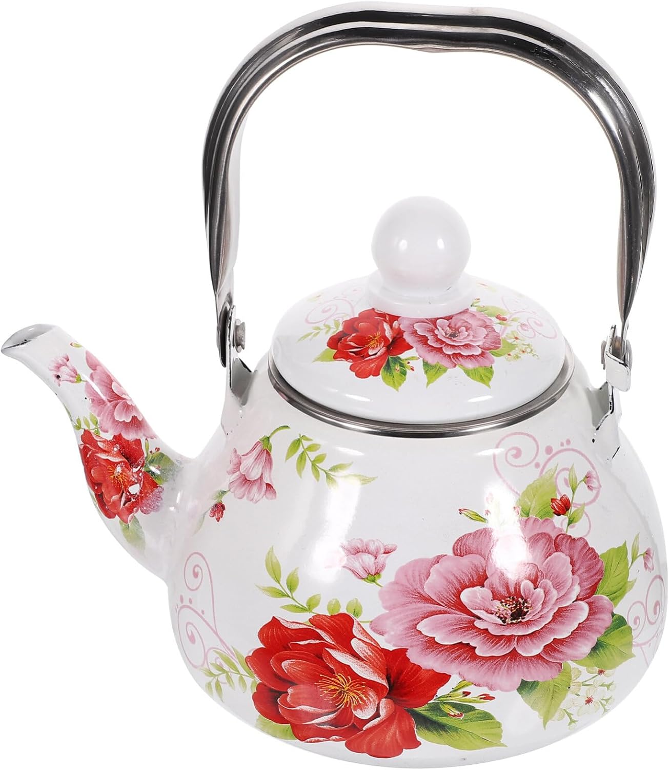 Vintage Enamel Kettle with Floral Design Stovetop Tea Pot with Tea Strainer Heat-resistant and Easy to Clean for Home and Office Use