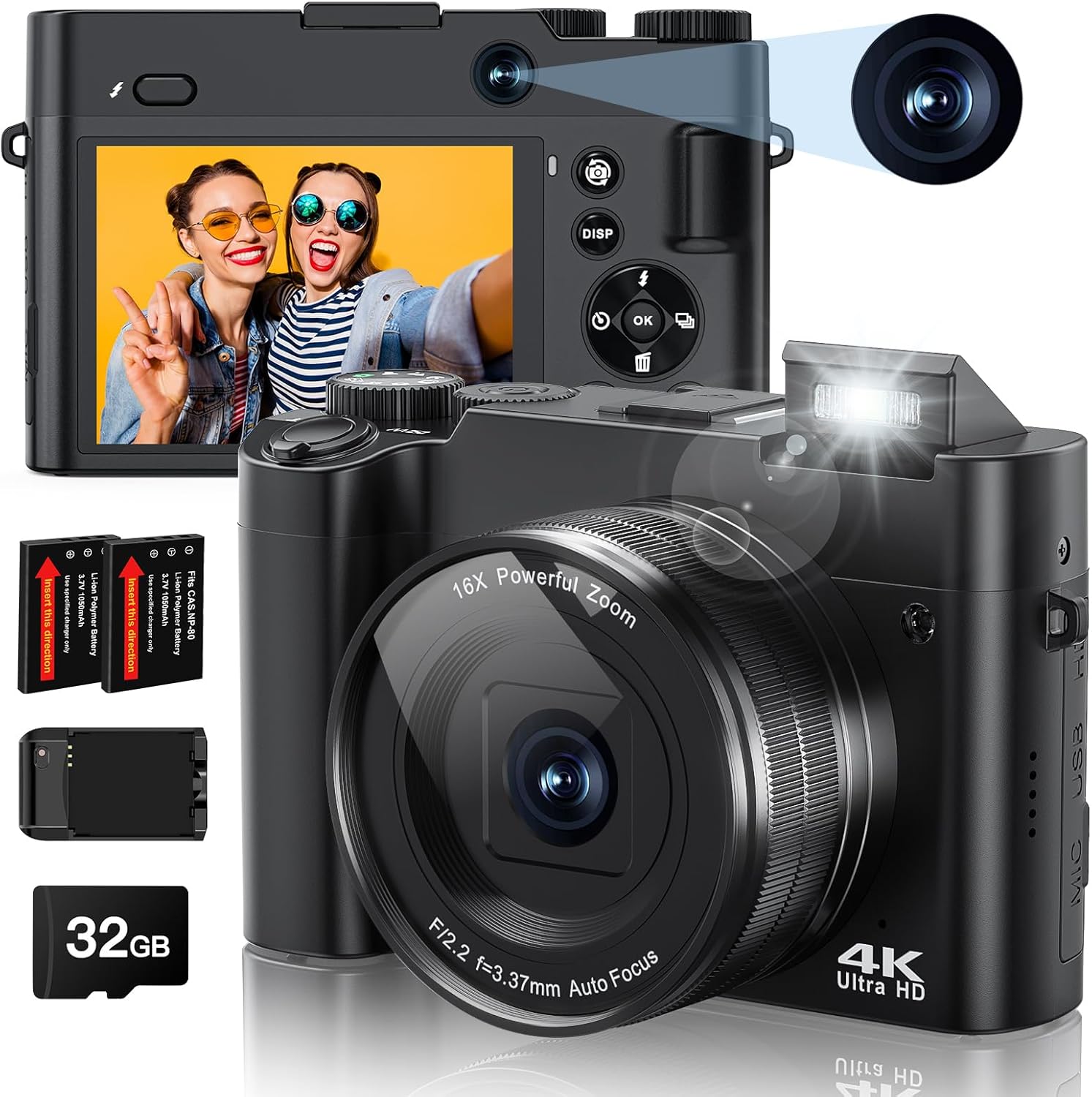 4K Digital Camera, 64MP Rear and Front Camera for Photography and Video Autofocus Anti-Shake, 3'' Selfie Flip Vlogging Camera with Ultra Bright Flash, Camera with Dial 16X Zoom (2 Batteries+Charger)