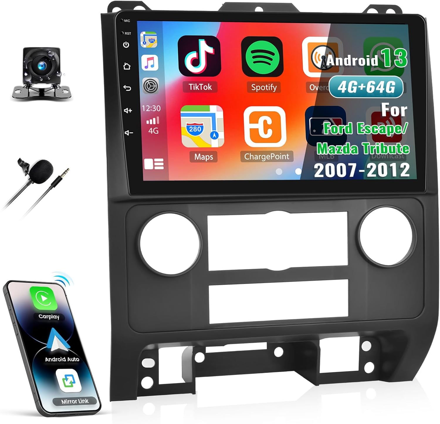 [4G+64G]Android 13 Car Stereo for Ford Escape/Mazda Tribute 2007-2012 with Wireless CarPlay Android Auto,9" Touchscreen Car Radio with Mirror Link Voice Control WiFi/GPS,Bluetooth,FM/RDS+Backup Camera