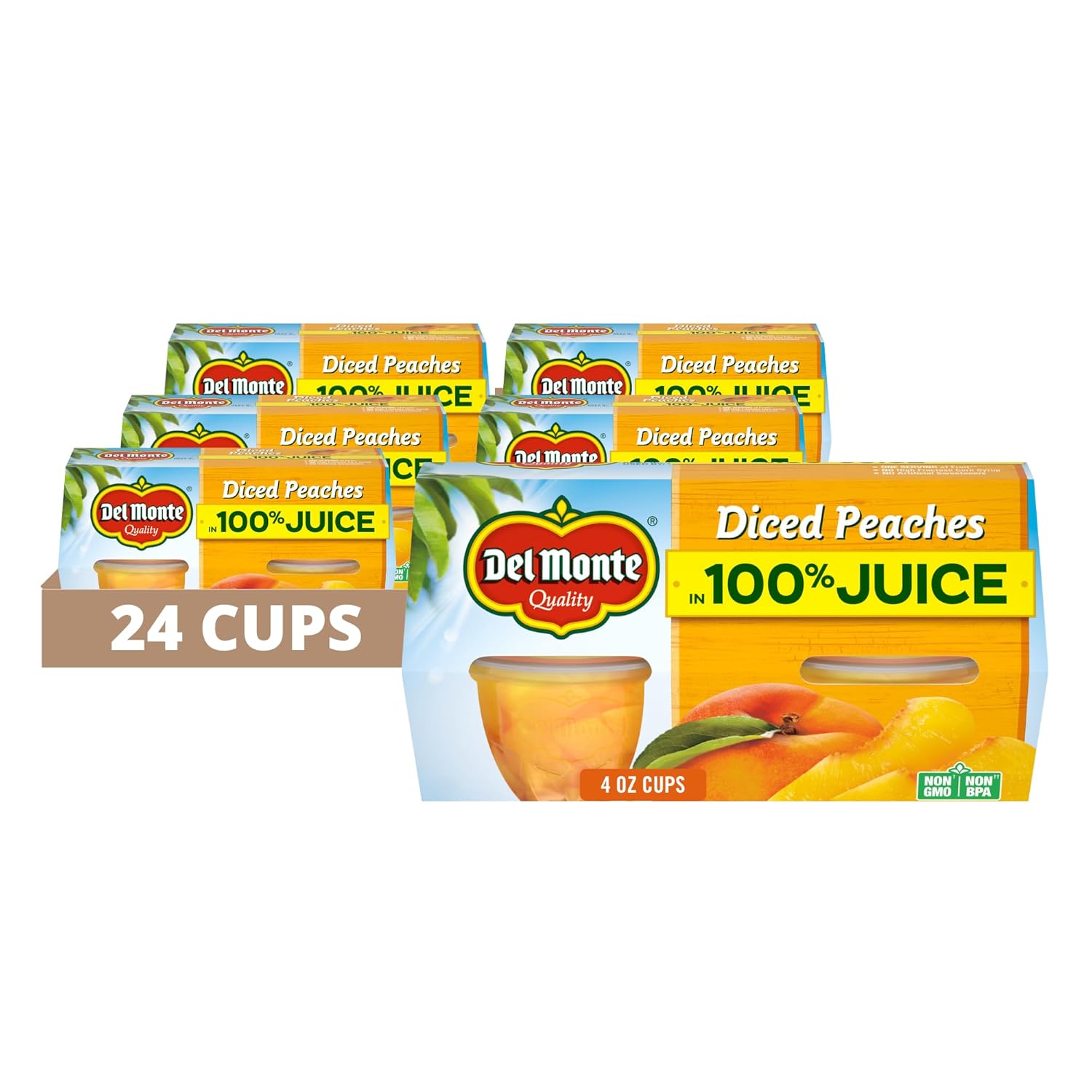 DEL MONTE Diced Peaches FRUIT CUP Snacks in 100% Fruit Juice, 24 Pack, 4 oz Cup