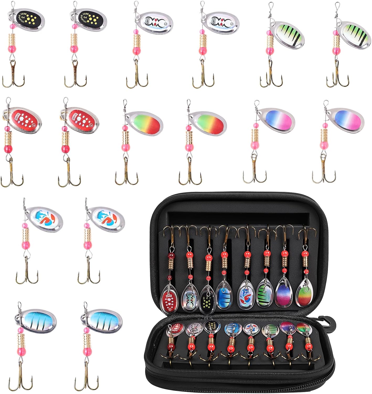 Vicloon 16 Pcs Spinner Bait Set with Storage Box,Sequins Spinner Fishing Lures with Hook,Multi Colored Fishing Spinners Lures for Trout Pike Bass Salmon