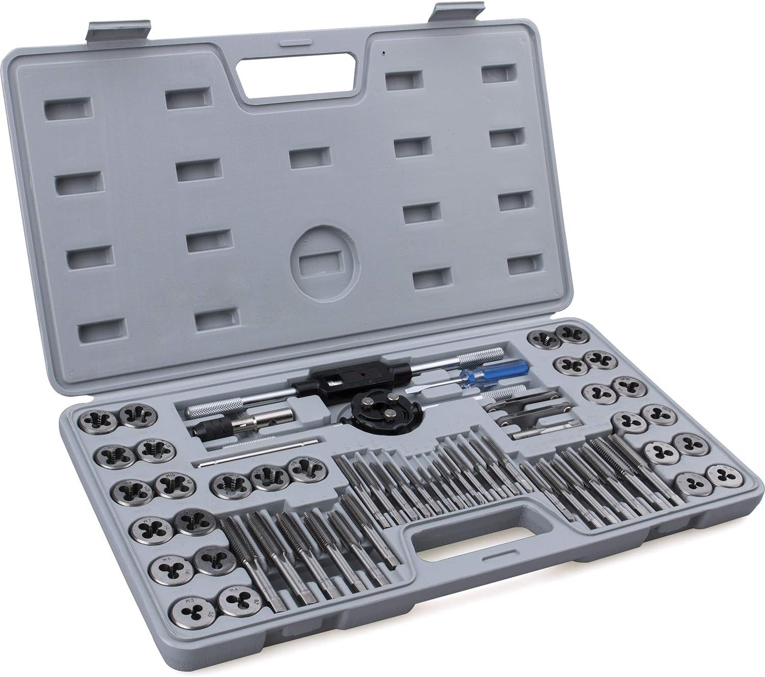 60-Pc Master Tap and Die Set - Include SAE Inch Size #4 to 1/2” and Metric Size M3 to M12, Coarse and Fine Threads | Essential Threading Rethreading Tool Kit with Complete Accessories and Storage Case