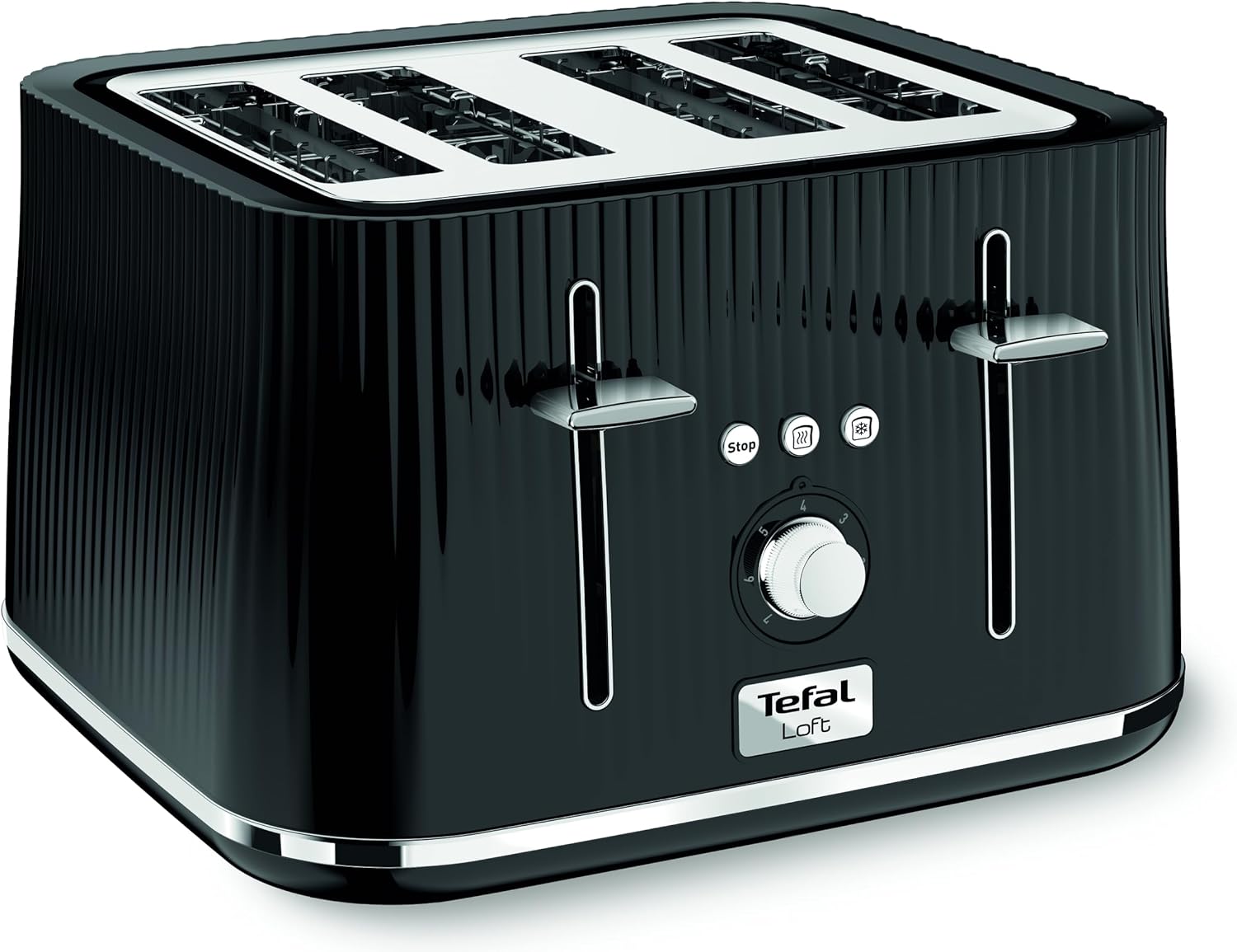Tefal Loft 4-Slot Toaster with Extra-Wide Slots, Adjustable Browning, Defrost & Reheat Functions, Removable Crumb Tray, High Lift Lever, Classic Grooved Design in Black
