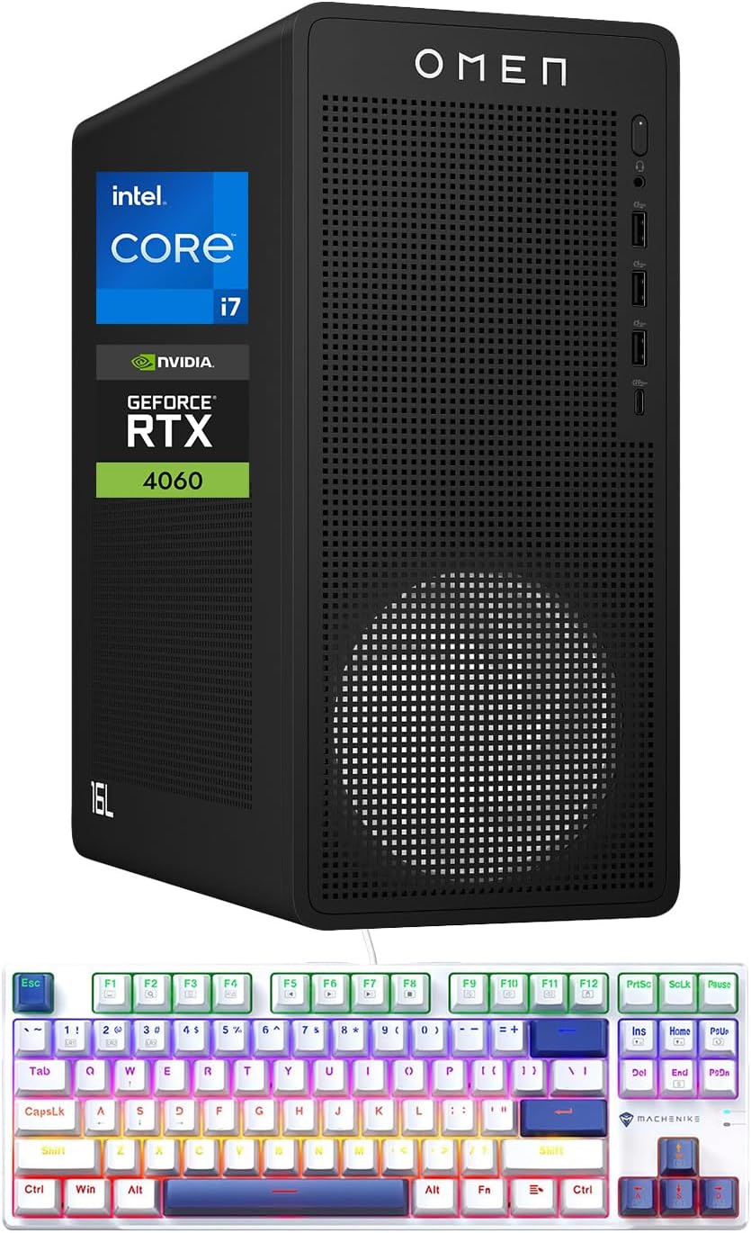 HP OMEN 16L i7 RTX 4060 Pro Gaming Desktop, Intel i7-14700F(Beats i9-12900F), NVIDIA RTX 4060, 64GB DDR5 RAM, 2TB SSD, DP, RJ-45, Wi-Fi 6, Bundle with Machenike K500B-B87 Gaming Keyboard