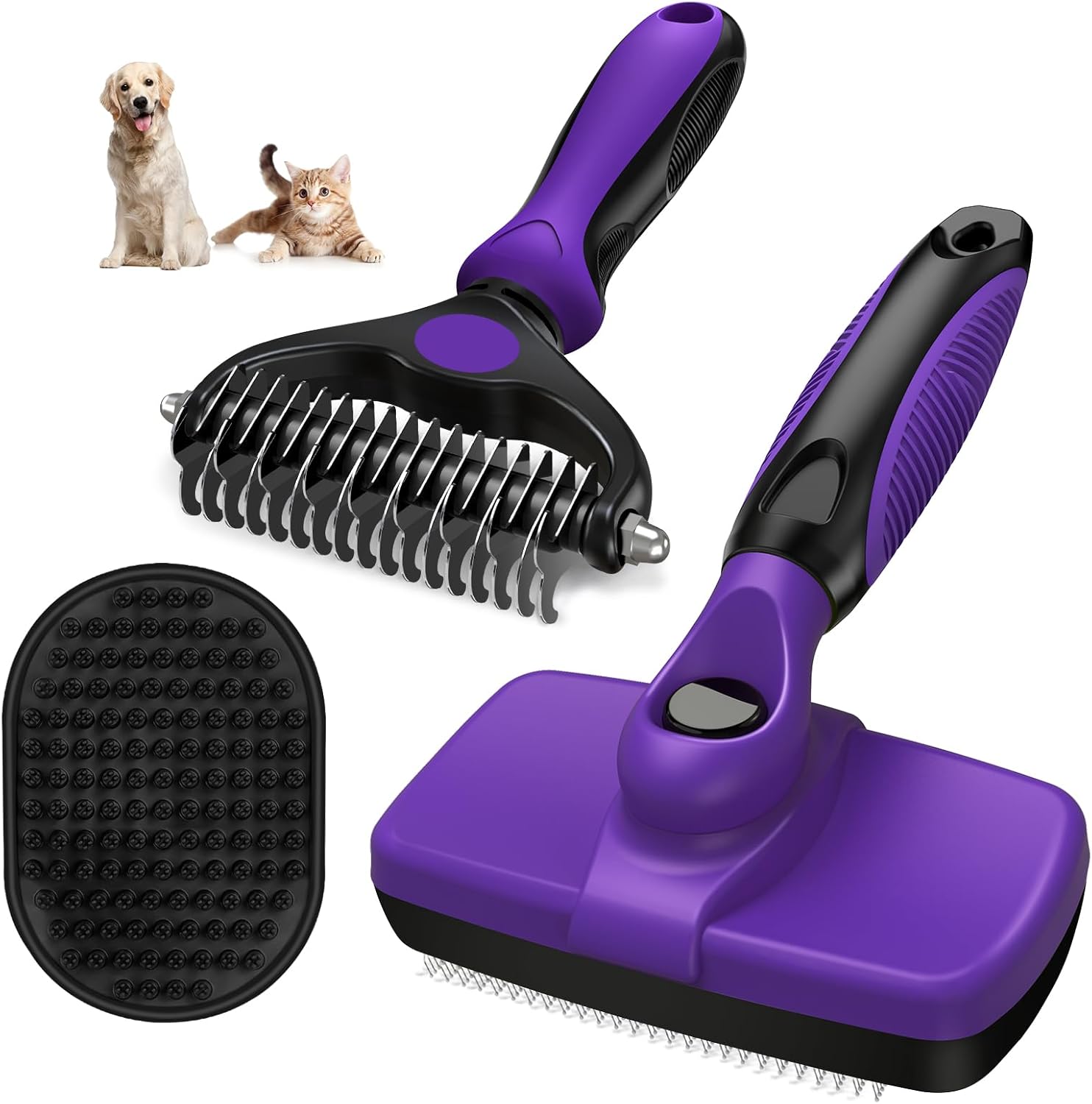 3PCS Dog Brush I Dog Brush for Shedding I Deshedding Dog Brush I Dog Bath Brush I Slicker Brush For Dogs I Dog Comb (Purple Black)