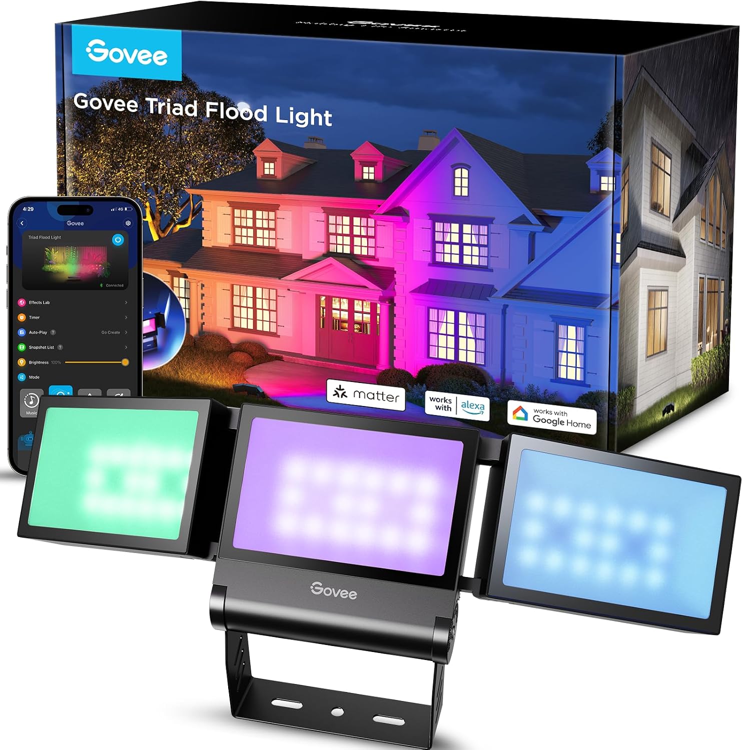 Govee Triad Outdoor Flood Lights, RGBICWW Floodlight 4500LM, IP66 Smart Outdoor Light Work with Matter & Alexa, Aluminum Alloy, Garden, Garage, Yard