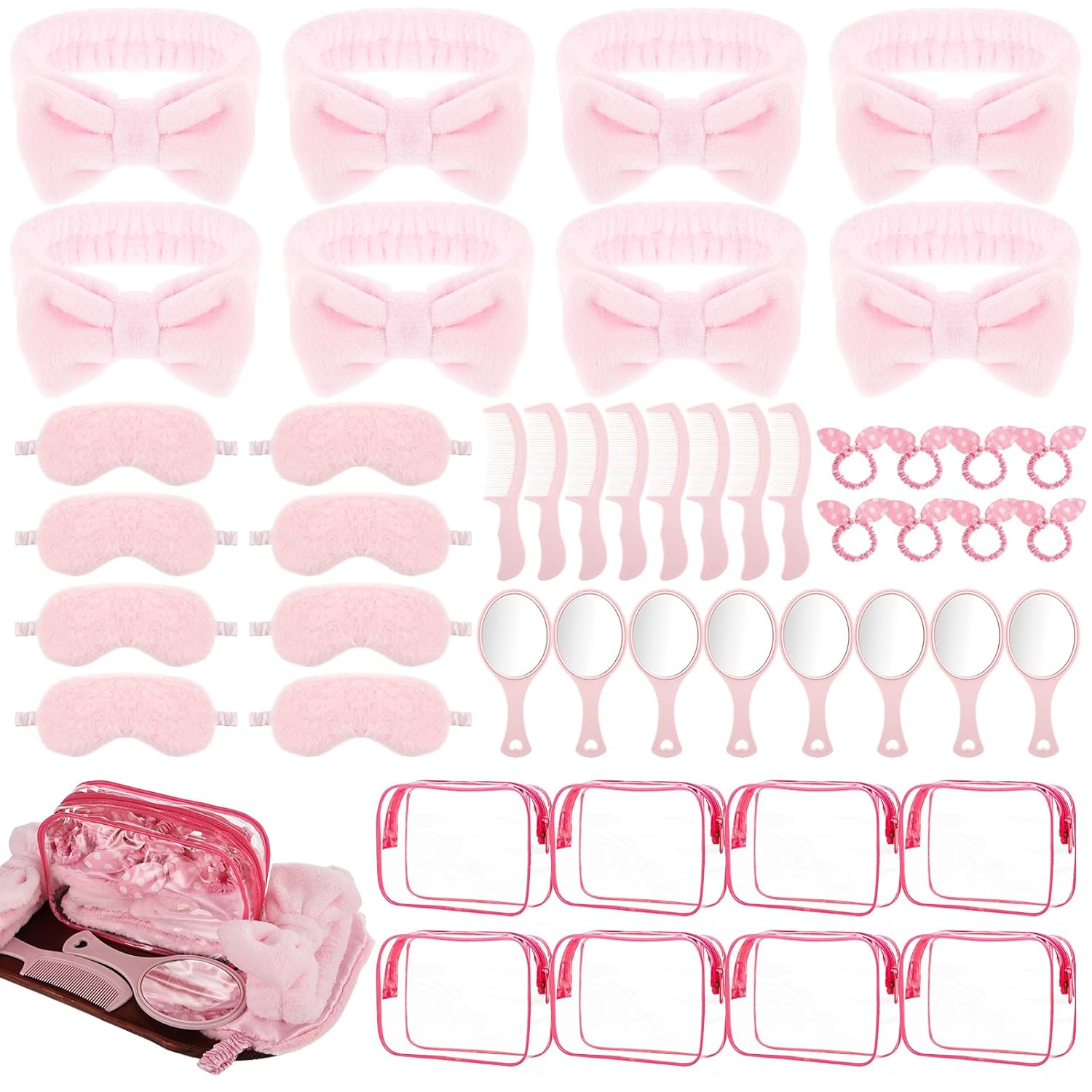 48 Set Spa Sleepover Party Supplies for Girls, 8 Pink Spa Headband 8 Sleep Eye Mask 8 Hairbands 8 Organzer Bags 8 Mirrors 8 Combs for Slumber Favors Gift Sleepover Party