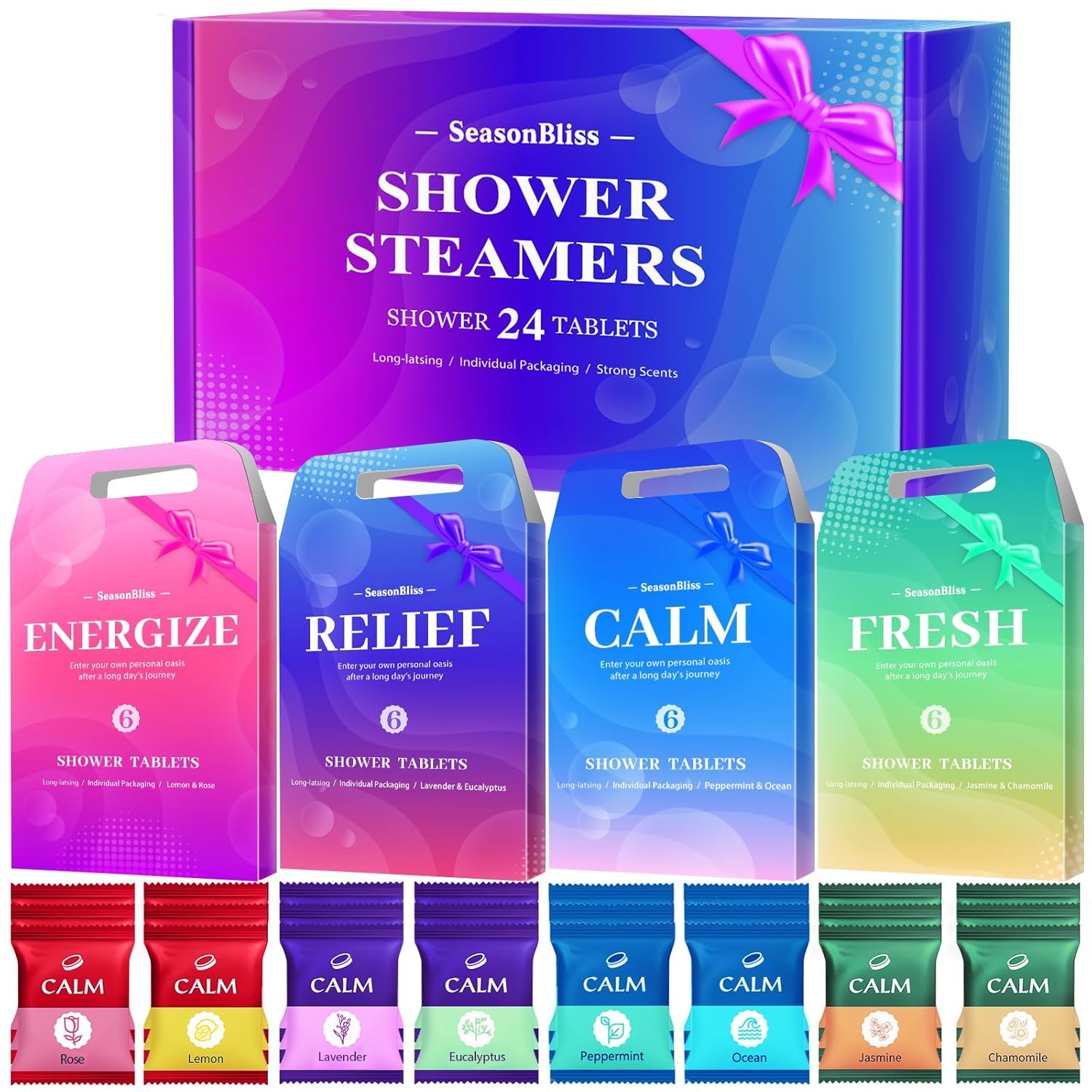 Shower Steamers 24 Pack, Shower Tablets, Natural Ingredients, 8 Different Scents, Individually Wrapped Shower Steamer, Presents for Mom, Friends