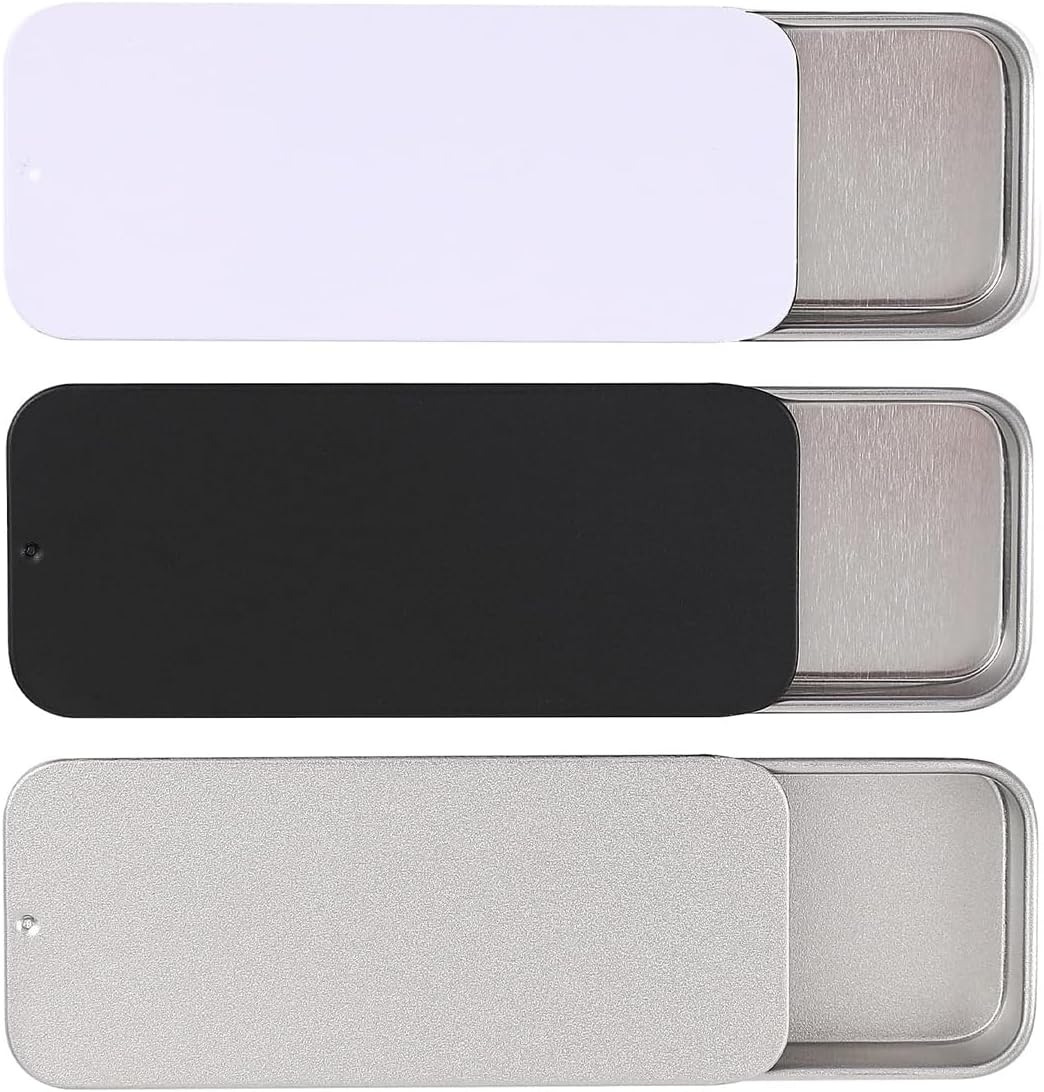 3 PCS Rectangle Slide Lids Metal Box,Durable Mini Metal Storage Box,Portable Containers Box for Candy Key Earring Coin(silver-white-black)
